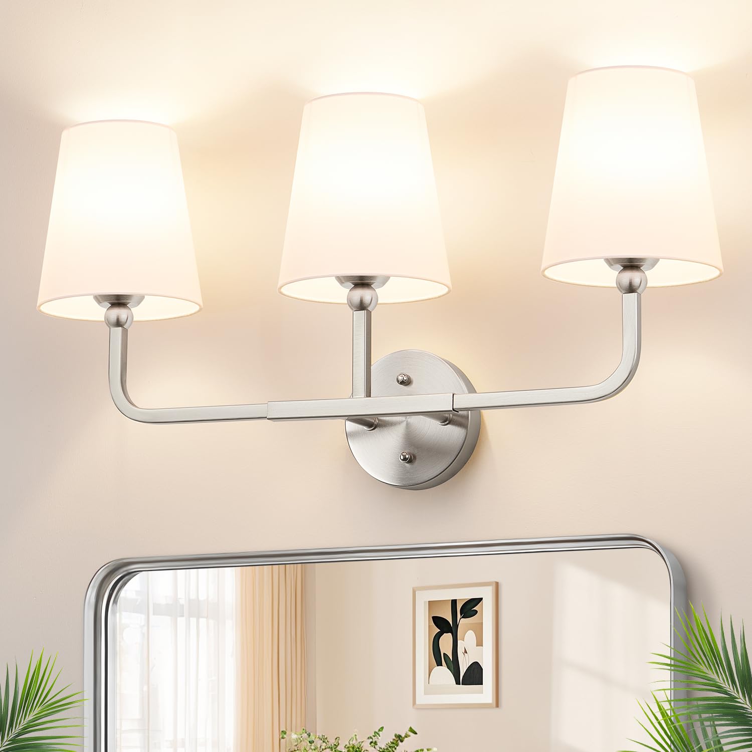 MOKATNG Bathroom Light Fixtures, 3-Light Brushed Gold Vanity Lights, Bathroom Lighting Fixtures Over Mirror with Flared White Fabric Shade, Modern Wall Sconces for Living Room Hallway