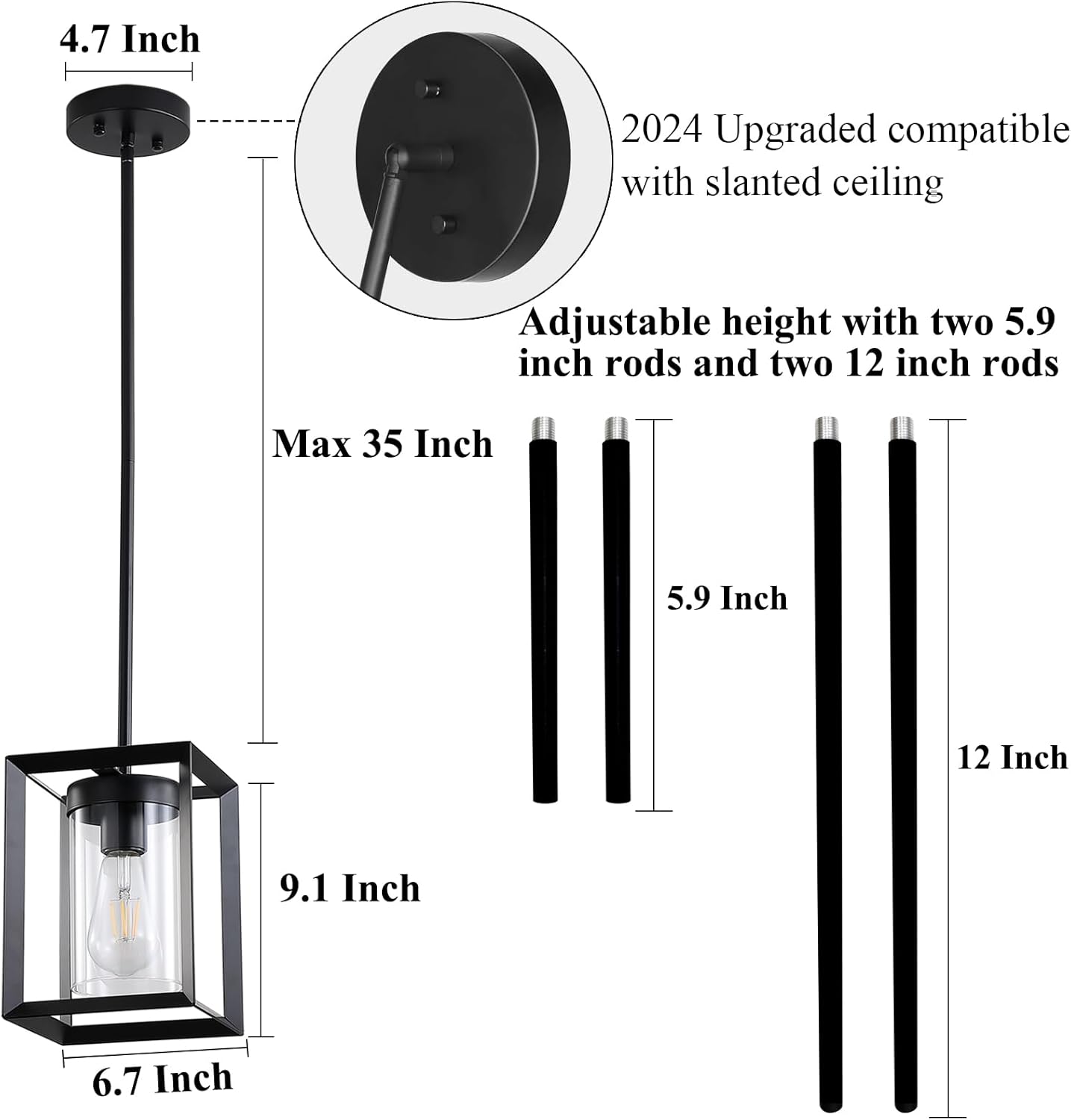 2 Pack Farmhouse Black Kitchen Island Pendant Light Fixtures,Height Adjustable Metal Rod Hanging Modern Pendant Lighting with Metal Cage and Clear Glass Shade for Entryway Bedroom