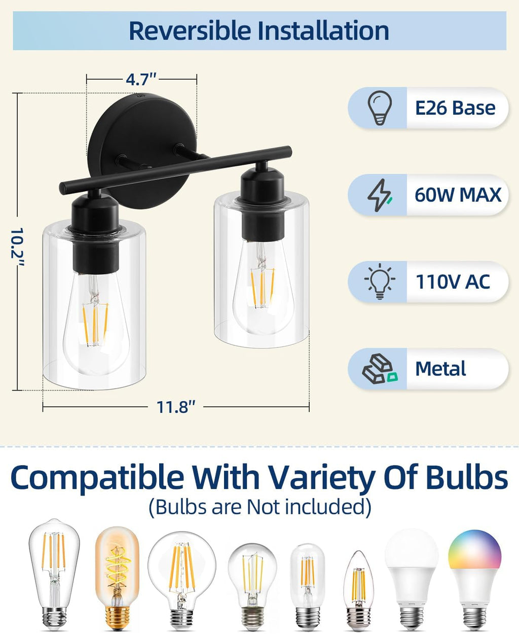 Modern Vanity Lights - Matte Black, Clear Glass Shade, Wall Sconce for Bathroom & Bedroom, 2 Pack