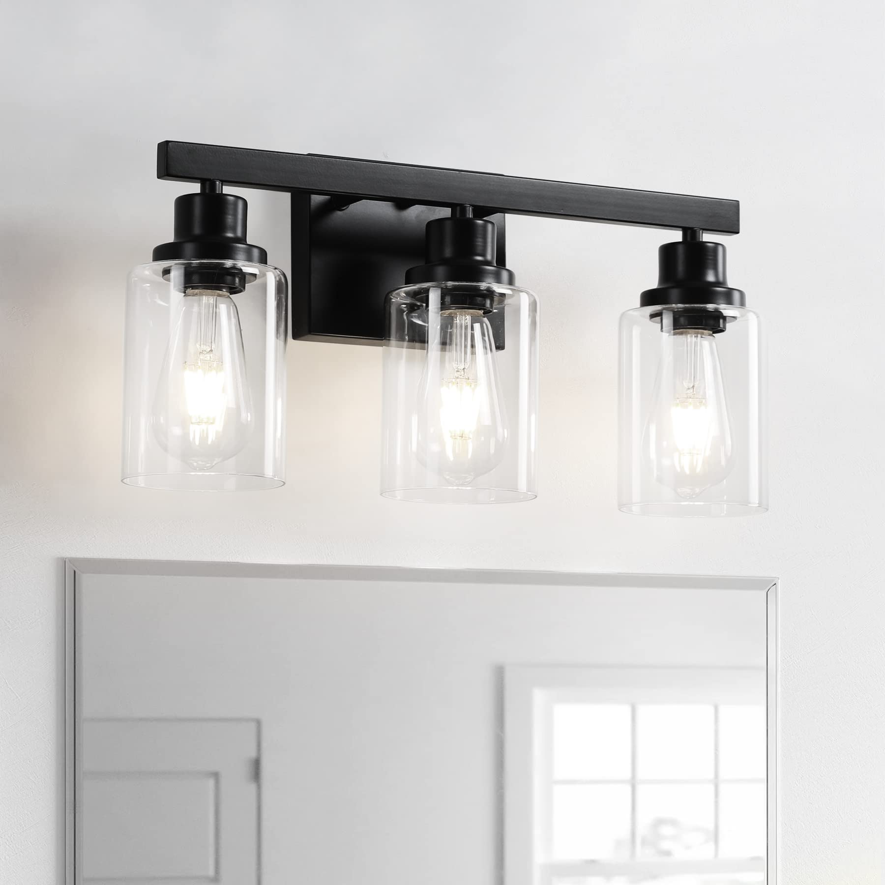 4-Light Bathroom Vanity Light, Modern Matte Black Wall Sconce Lighting with Clear Glass Shade, Bathroom Lighting Fixtures Over Mirror,Vintage Wall Mounted Lamps for Mirror Bedroom,Living Room