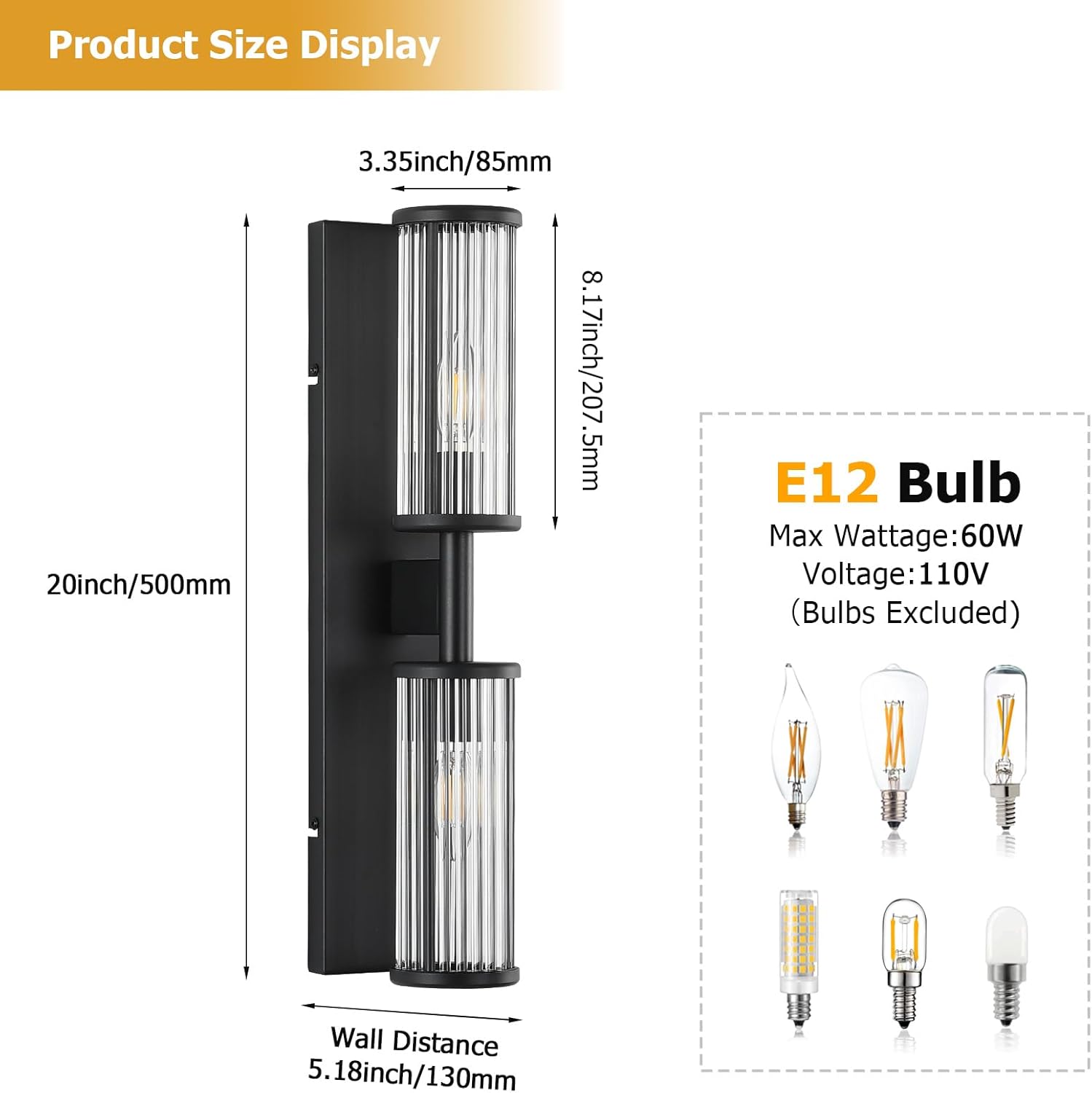 2-Light Modern Vanity Wall Lamp in Matte Black, Industrial Bathroom Lighting with Glass Rod Shades, Adjustable Modern Mirror Lights for Bedroom & Bathroom, Wall Sconce for Makeup Vanity