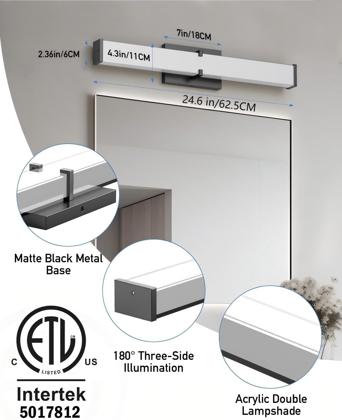 Modern 24IN Black Bathroom Vanity Light, 25W 2500 Lumen Dimmable, 5CCT, ETL Certified