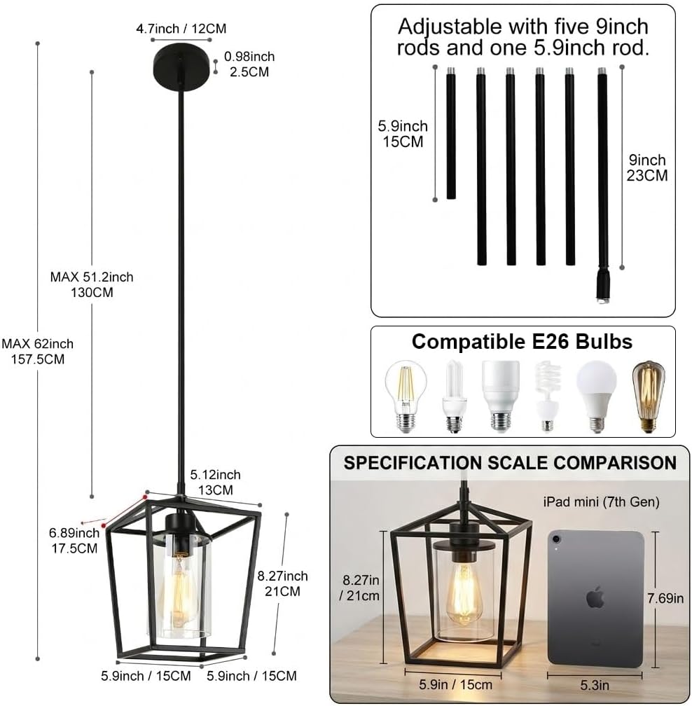 Black Pendant Lights Kitchen Island, 1-Light Farmhouse Kitchen Pendant Lighting Over Island, Metal Cage Island Hanging Lights for Kitchen, Dining Room, Entryway, Hallway, Foyer