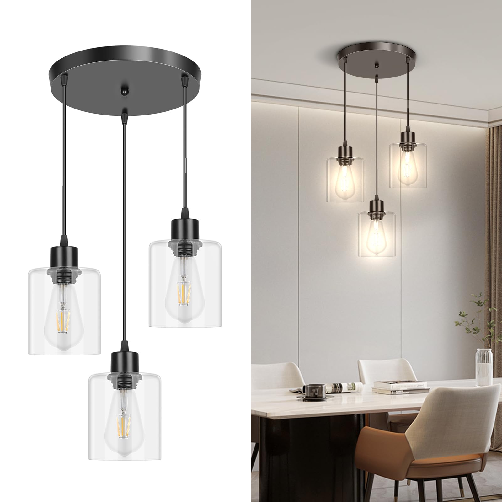 CANMEIJIA 3-Light Pendant Light Fixtures, Farmhouse Kitchen Island Light Fixture, Industrial Hanging Pendant Lighting for Dining Room Bedroom, Black Metal Cage Pendant, E26 Base, Bulbs Not Included