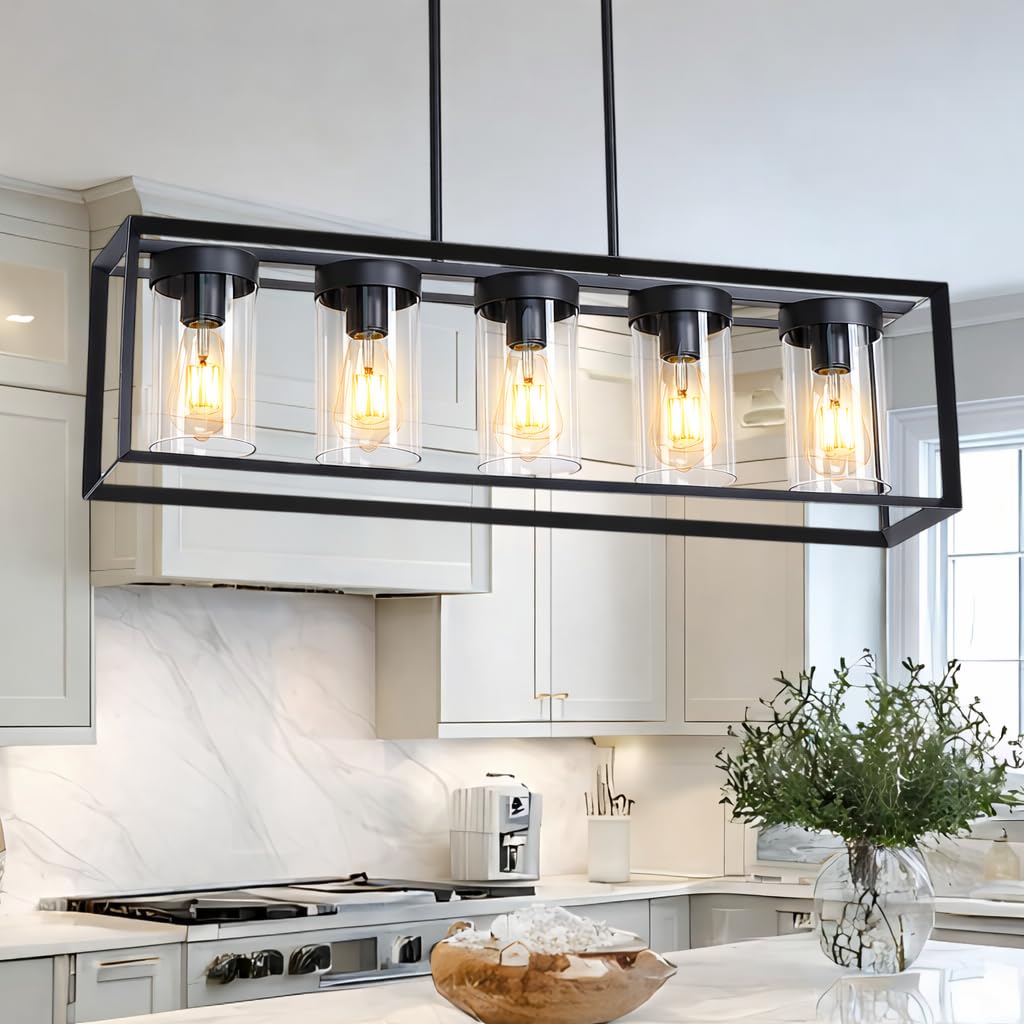 2 Pack Farmhouse Black Kitchen Island Pendant Light Fixtures,Height Adjustable Metal Rod Hanging Modern Pendant Lighting with Metal Cage and Clear Glass Shade for Entryway Bedroom