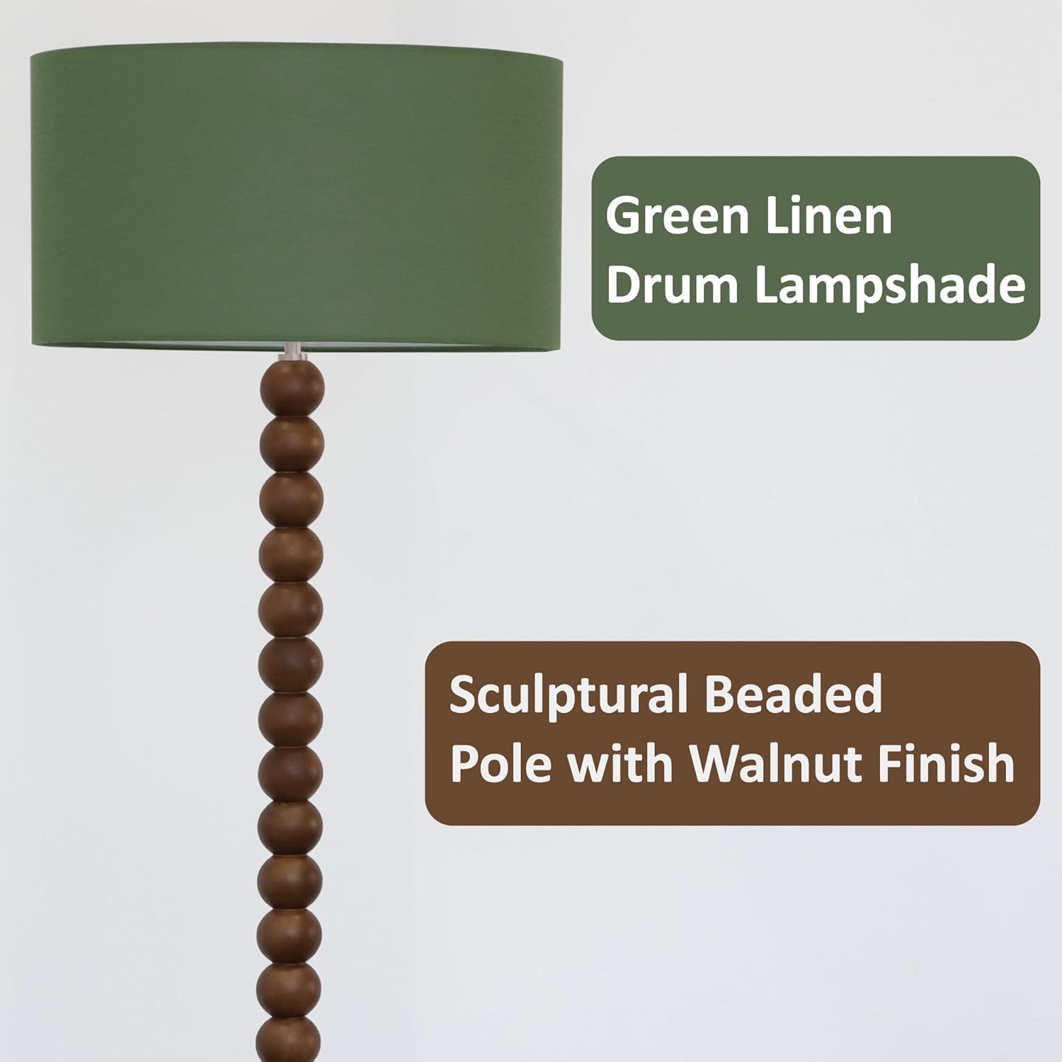 Buruis 61" Beaded Wood Floor Lamp with 17.2" Large Linen Shade, Retro Mid-Century Accent Walnut Finish Standing Lamp for Living Room, Bedroom, Office, Corner, UL Listed, Bulb Not Included, Green