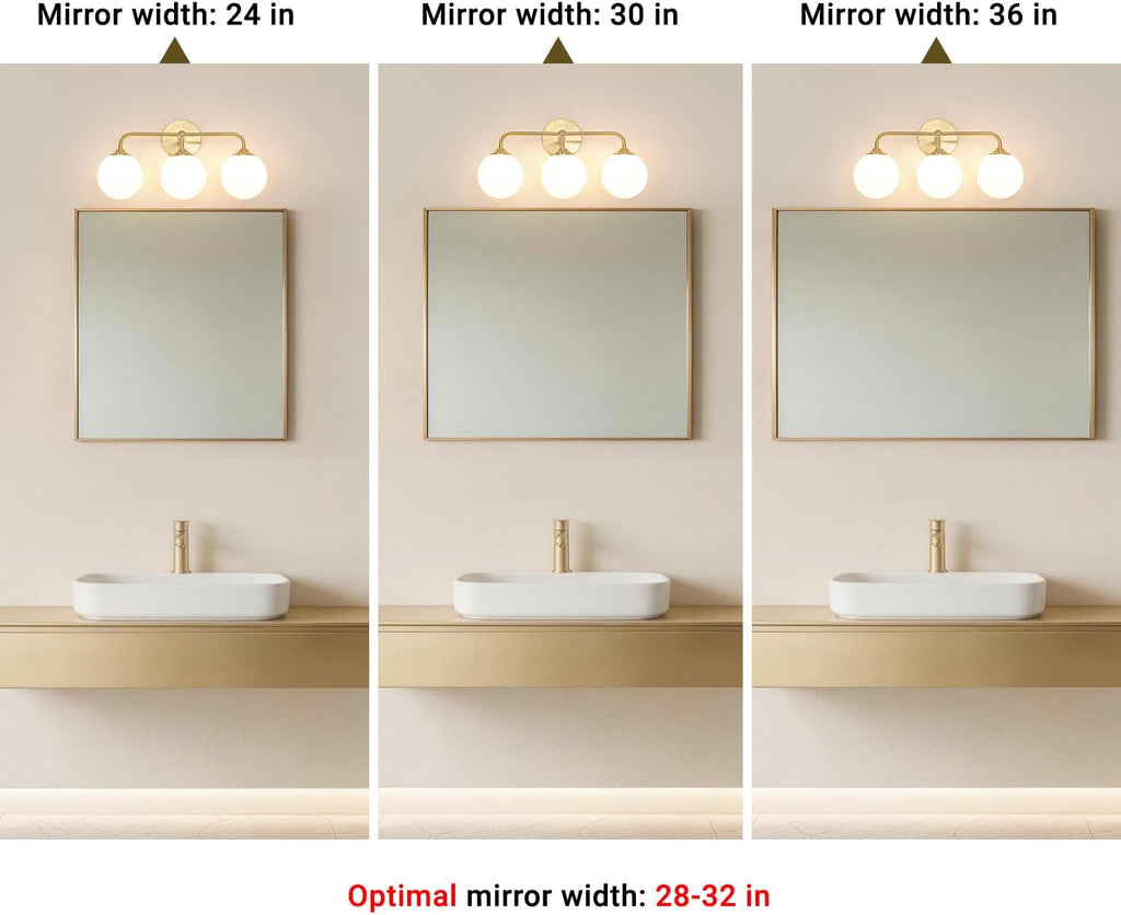 Modern Brushed Gold 3-Lights Vanity Light Fixtures with Milky White Glass Ball Shades, Mid Century Brass Wall Sconce Lighting Fixtures over Mirror, Wall Sconces for Bathroom Dressing Table Bedroom