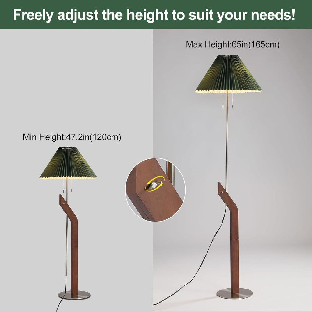 Floor Lamps for Living Room, Mid Century Modern Wood Large Floor Lamp, Height Adjustable Study Room, Bedroom, Office Tall Standing Floor Lamp, Green Pleated Lampshade