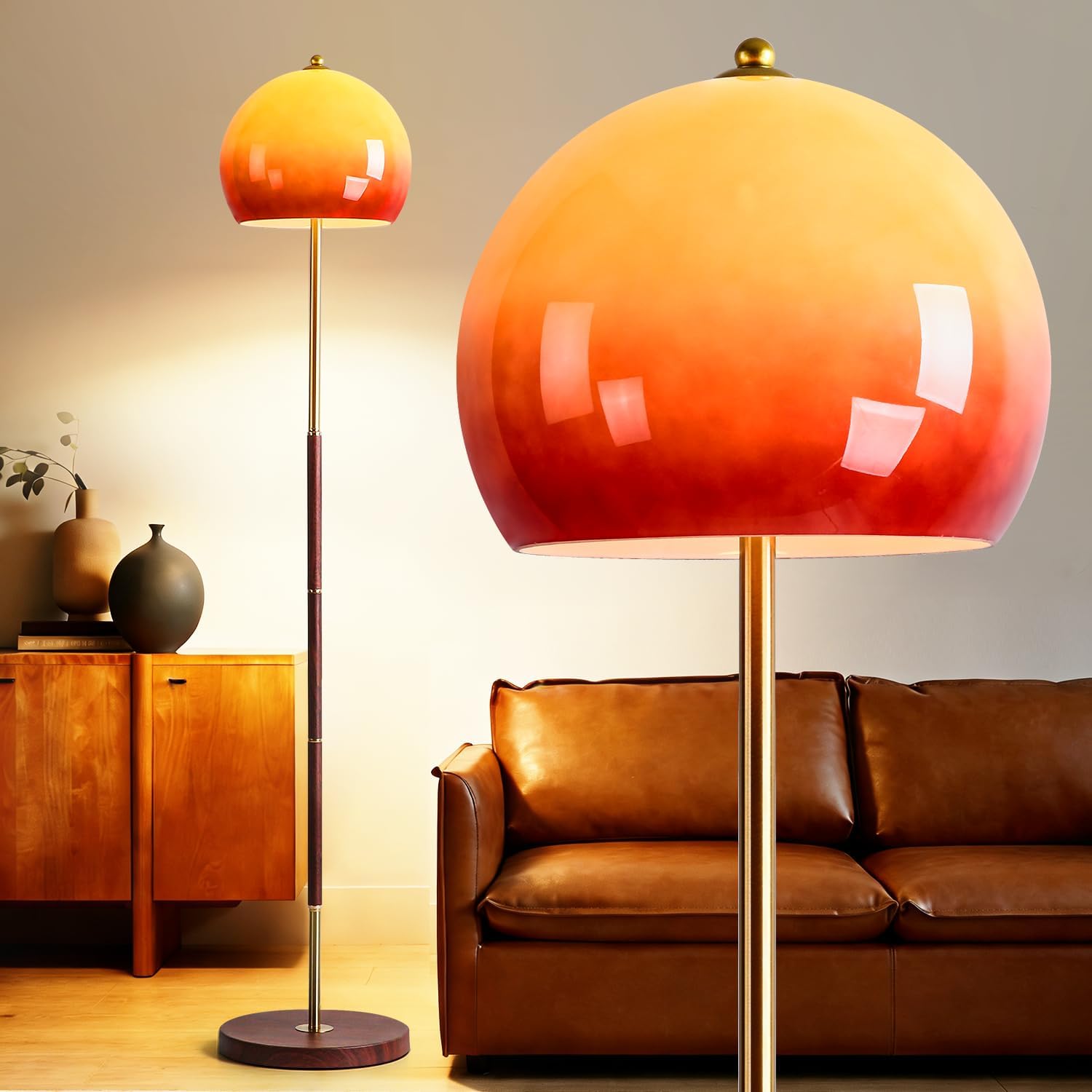 Orange Mushroom Floor Lamp, Vintage Floor Lamp with Gradient Glass Shade & Walnut Color Finish, Mid Century Modern Brushed Gold Standing Lamp for Living Room, Bedroom, Office