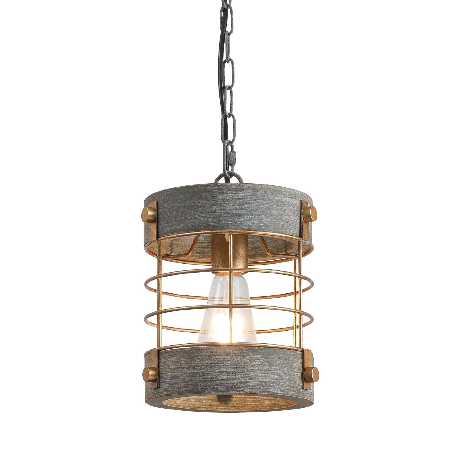 Retro Industrial Metal and Wood Farmhouse Chandeliers, 1-Light Round Cage Pendant Light Fixtures for Farmhouse Kitchen Island Foyer Hallway Bar Dining Room Restaurant, Brown, 2 Pack