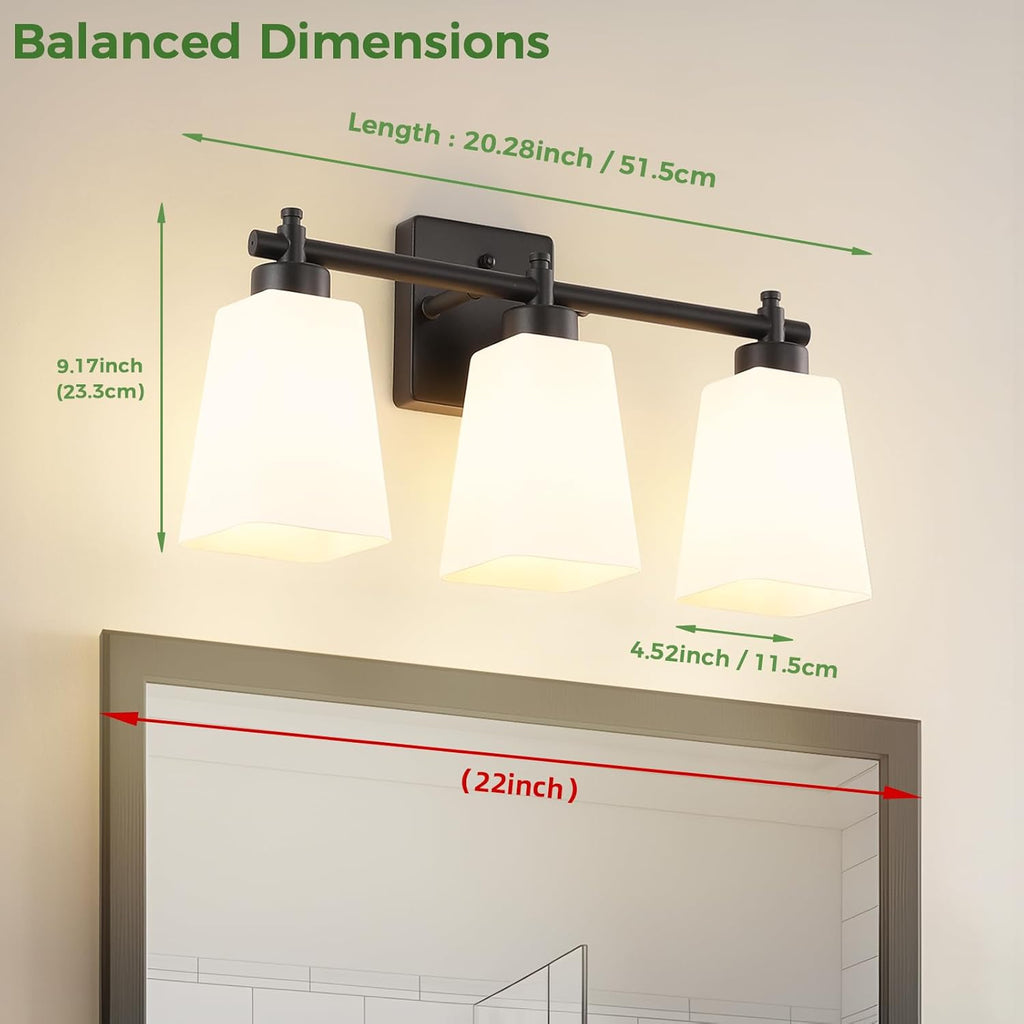 3-Light Bathroom Light Fixtures, 20" Black Modern Vanity Lights with Glass Shade, Bathroom Wall Lamp for Mirror Kitchen Living Room Hallway Porch (Matte Black, 3-Light)