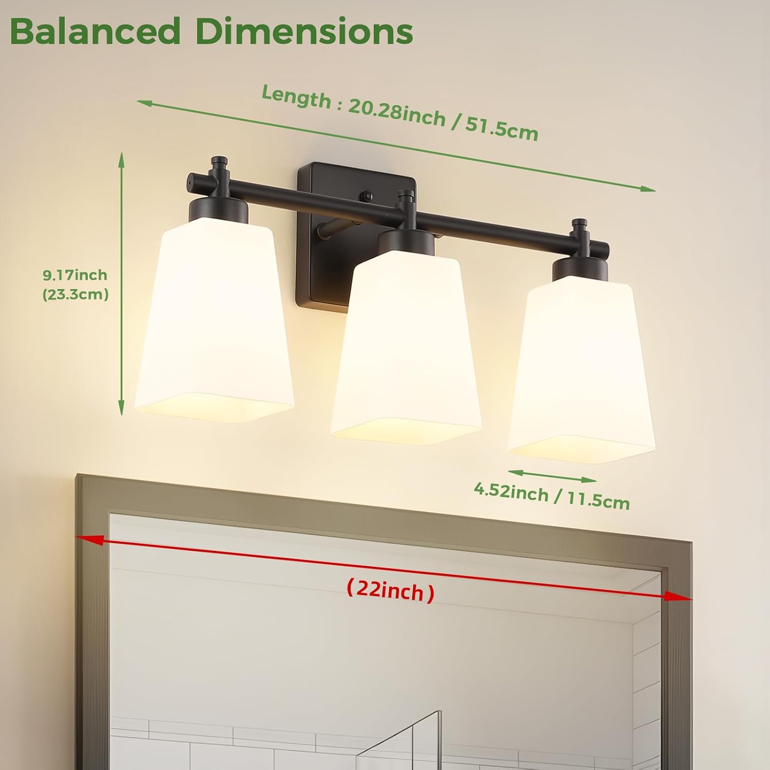 3-Light Bathroom Light Fixtures, 20" Black Modern Vanity Lights with Glass Shade, Bathroom Wall Lamp for Mirror Kitchen Living Room Hallway Porch (Matte Black, 3-Light)