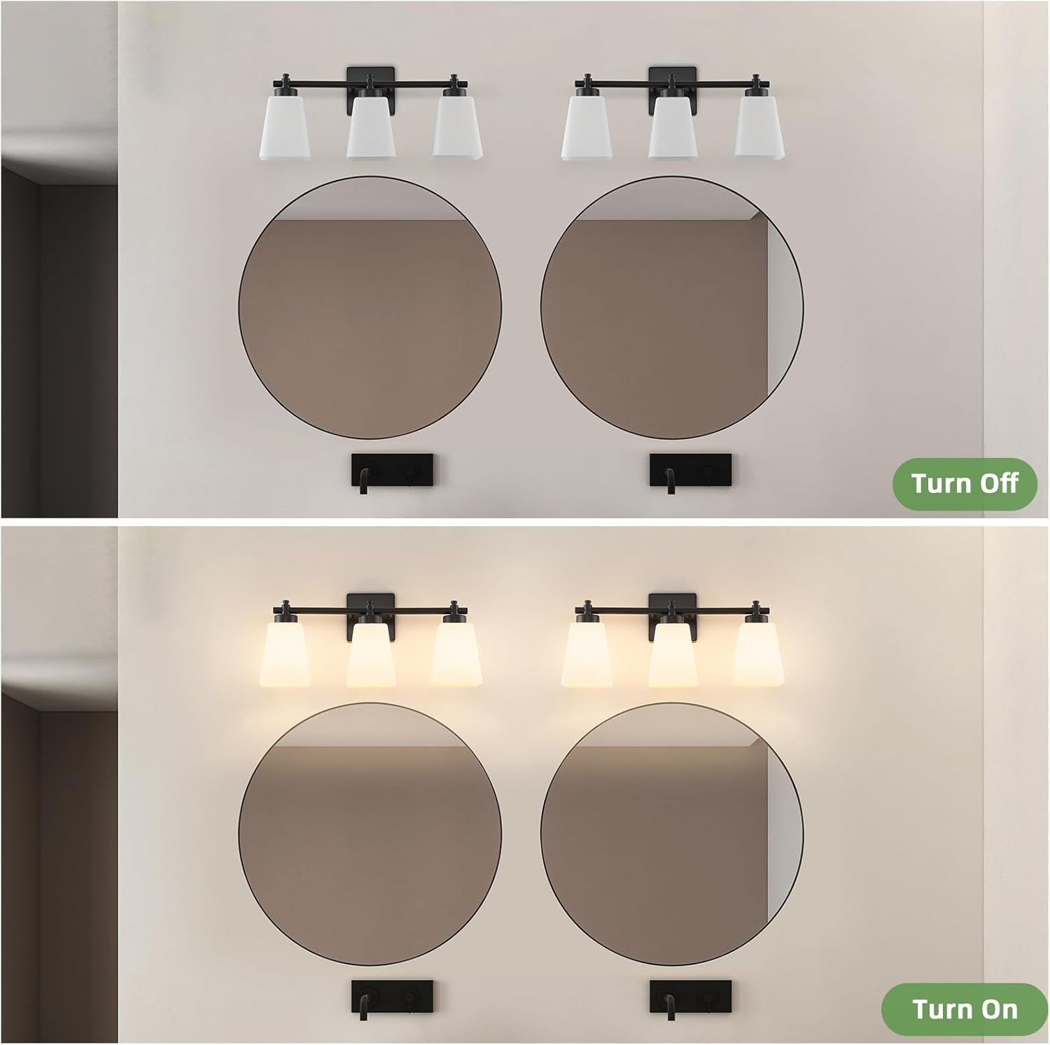 3-Light Bathroom Light Fixtures, 20" Black Modern Vanity Lights with Glass Shade, Bathroom Wall Lamp for Mirror Kitchen Living Room Hallway Porch (Matte Black, 3-Light)