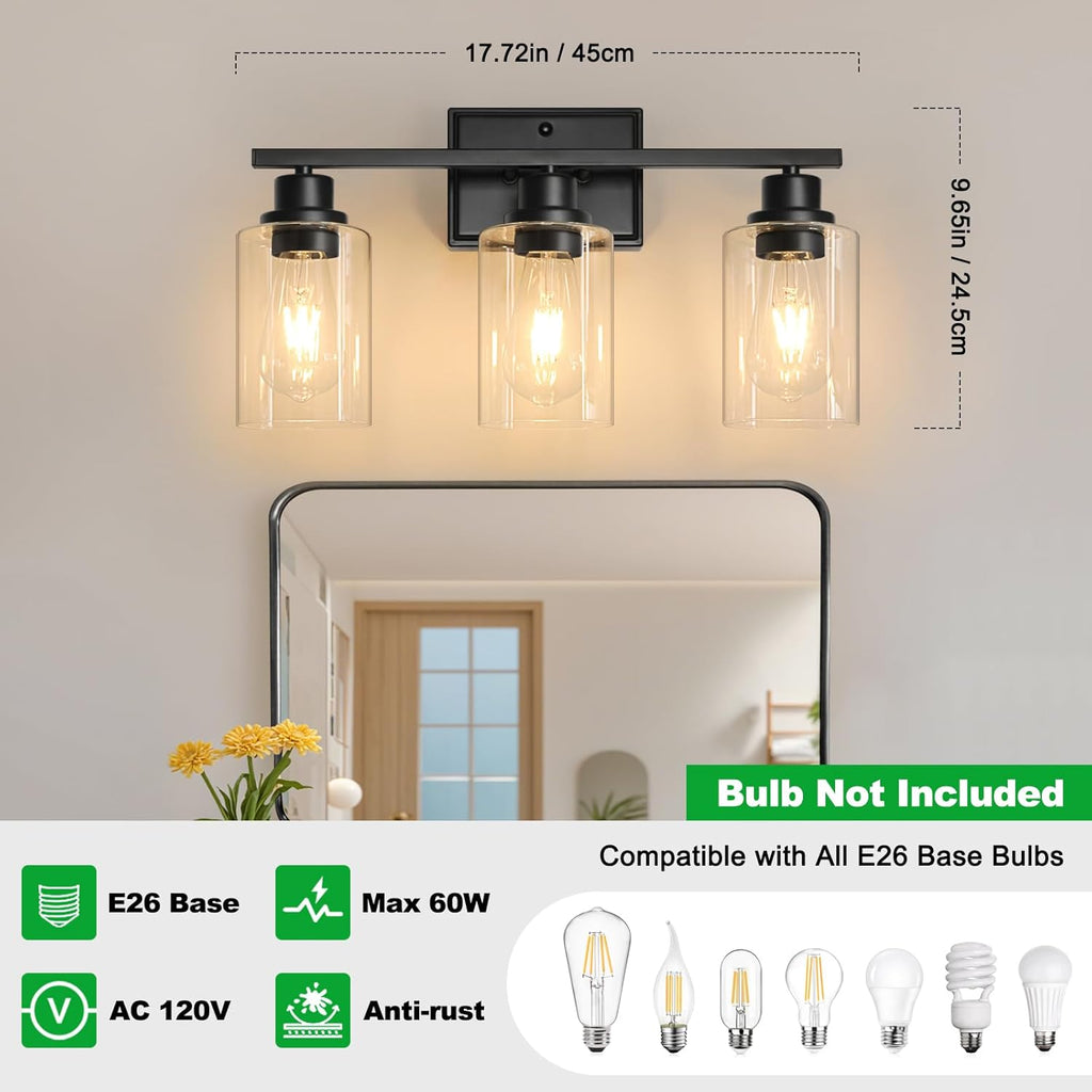 Unicozin 3 Light Bathroom Light Fixtures, Modern Vanity Lights Over Mirror, Black Wall Lamp with Clear Glass for Living Room Cabinet Bedroom Porch