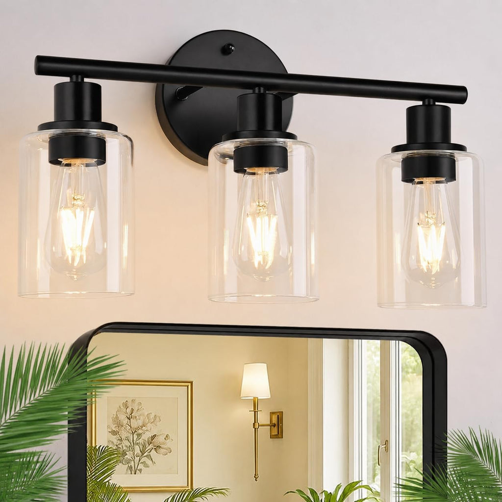 Zarbitta 3-Light Bathroom Light Fixtures, 17.23" Black Modern Vanity Lights with Clear Glass Shade, Bathroom Wall Lamp for Mirror Kitchen Living Room Hallway Cabinet Porch