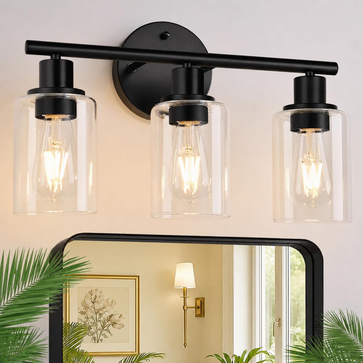 Zarbitta 3-Light Bathroom Light Fixtures, 17.23" Black Modern Vanity Lights with Clear Glass Shade, Bathroom Wall Lamp for Mirror Kitchen Living Room Hallway Cabinet Porch