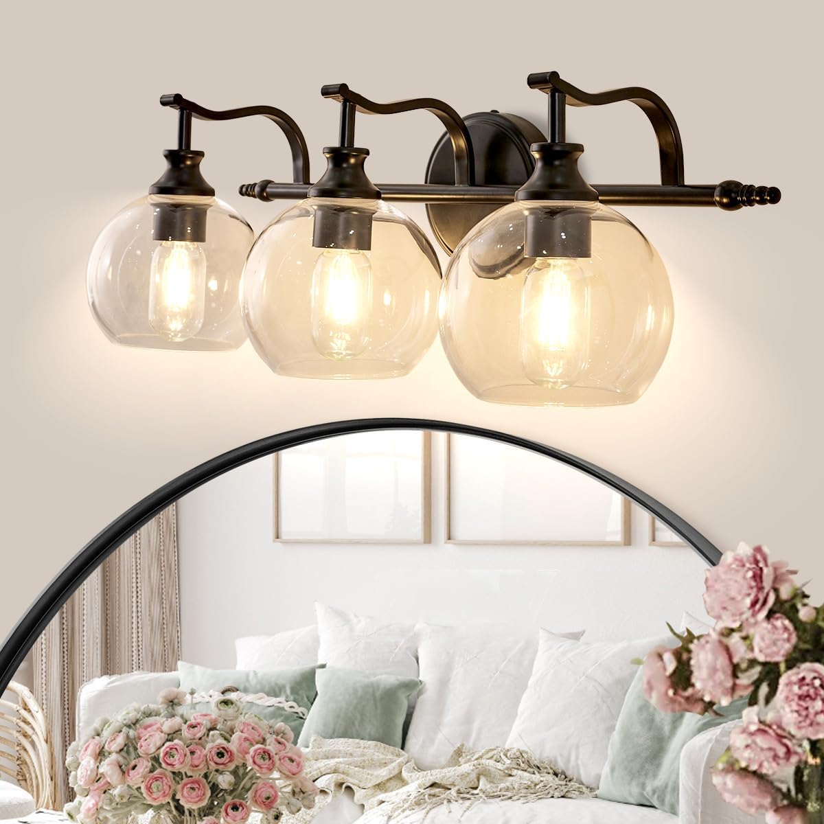 ANDY STAR 2 Light Bathroom Vanity Light, Matte Black Bathroom Light Fixtures, Modern Wall Sconce with Clear Globe Glass Shade, Farmhouse Wall Lamp for Bathroom, Living Room, Hallway, Cabinet, Porch