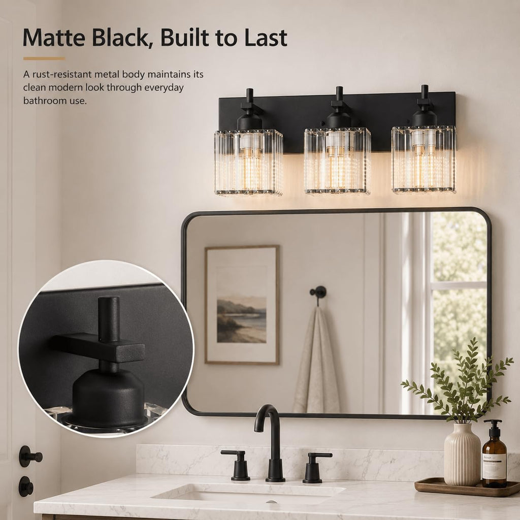 Modern Crystal Bathroom Vanity Lights, 3-Lights Matte Black Bathroom Light Fixtures Over Mirror,Wall Lamp for Living Room Hallway Cabinet