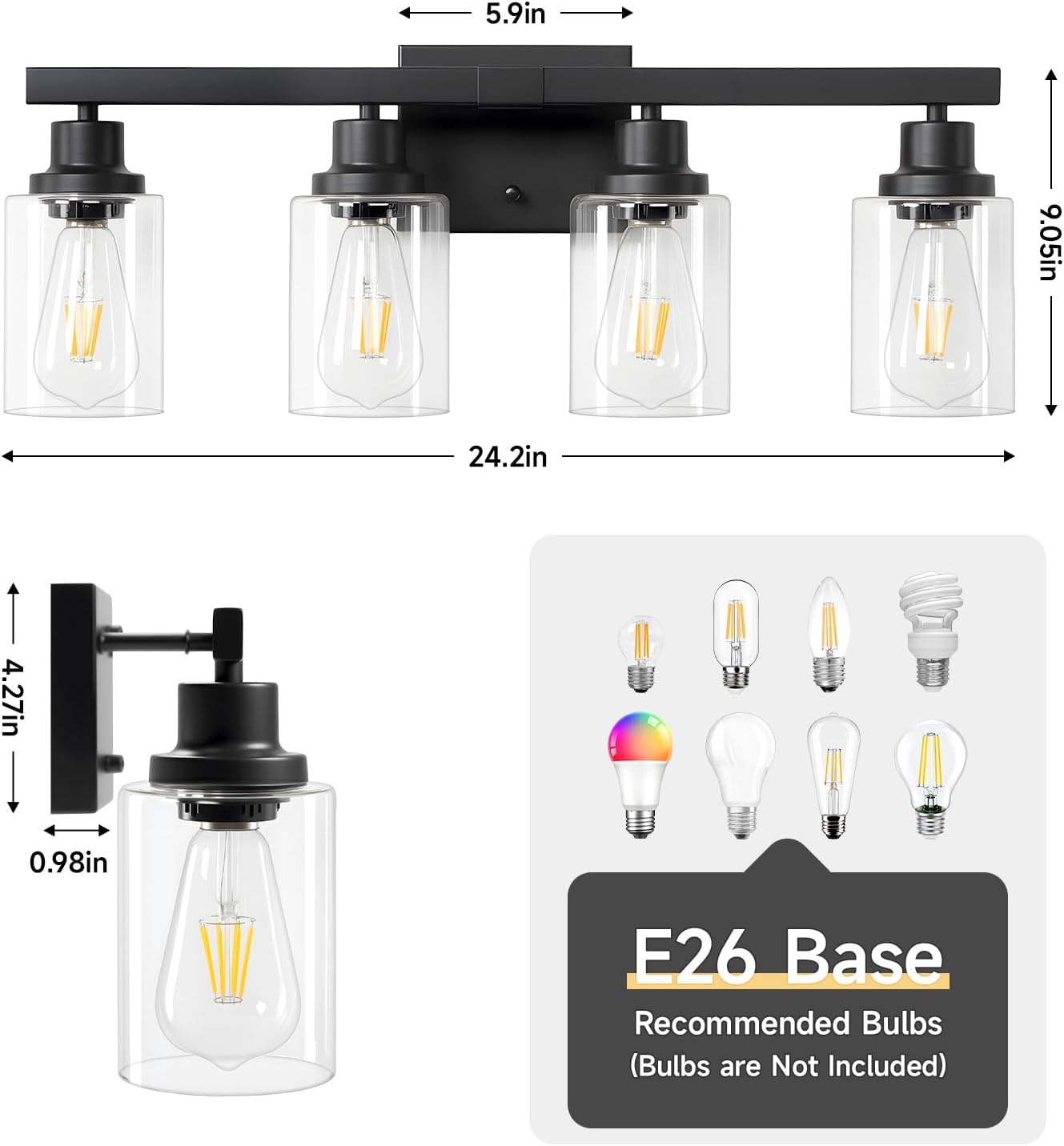 4-Light Bathroom Vanity Light, Modern Matte Black Wall Sconce Lighting with Clear Glass Shade, Bathroom Lighting Fixtures Over Mirror,Vintage Wall Mounted Lamps for Mirror Bedroom,Living Room