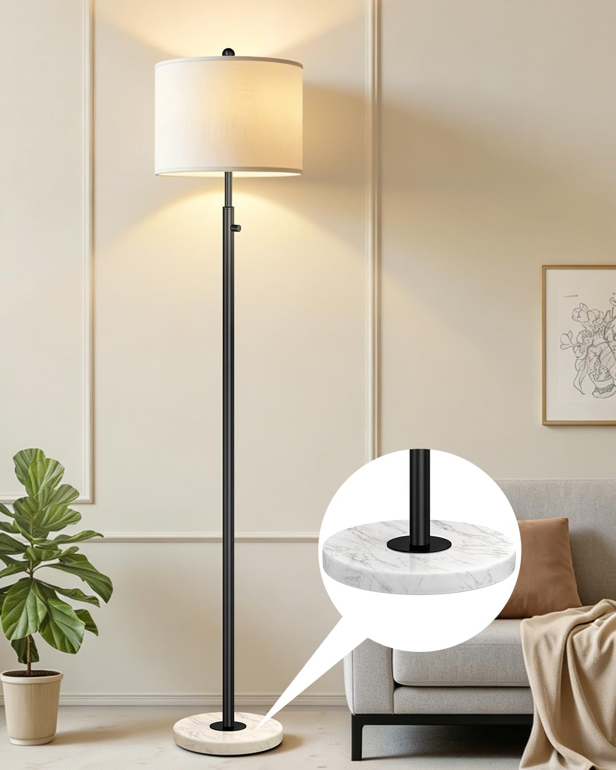 Nintiue 【Upgraded】 Dimmable Floor Lamp for Living Room, 11W LED Bulb Included, Modern Standing Lamp, Tall Pole Light with Linen Shade for Bedroom Reading Office Corner Nursery-Gold