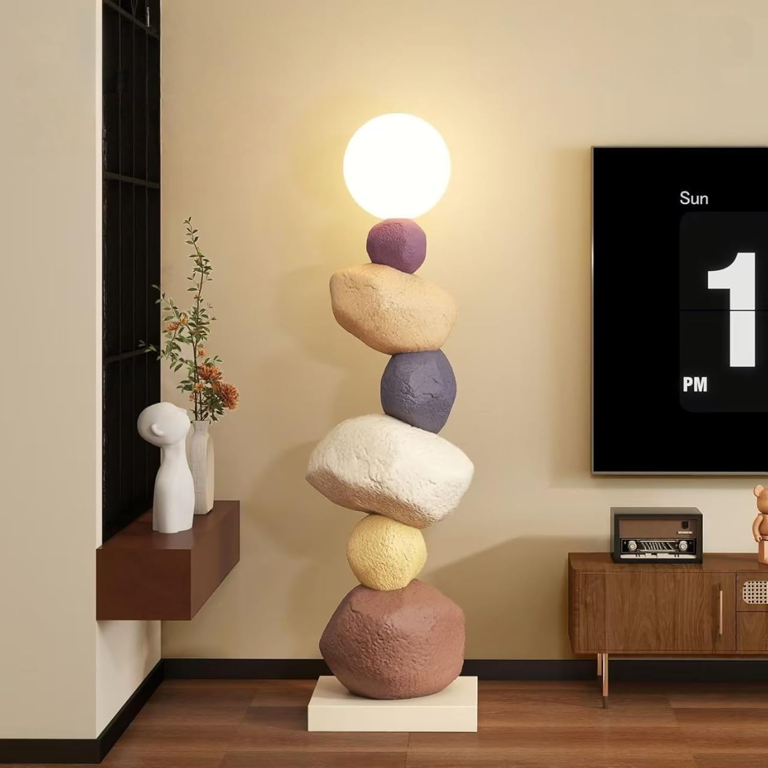Pebble Stacked Stone Floor Lamp - Modern Nordic LED RGB Touch Light, Tri Color Dimming Atmosphere Light, Artistic Zen Design for Living Room, Bedroom, and Corner, Key Lighting (Brown)