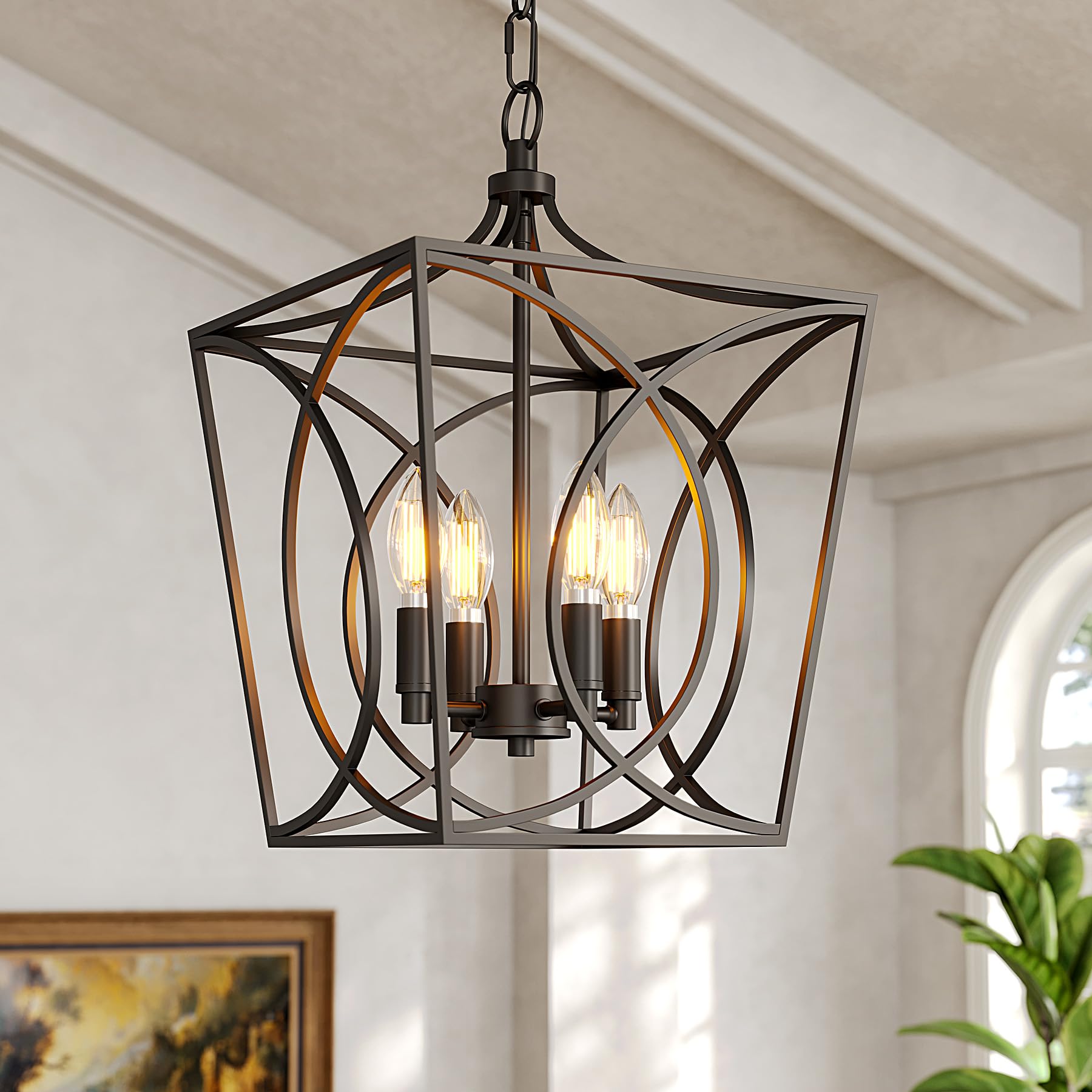 Tribesigns 4-Light Farmhouse Chandelier, Gold Rustic Metal Cage Adjustable Industrial Hanging Pendant Light Ceiling Fixture for Kitchen Island, Dining Room, Entryway UL Listed, E12 Base