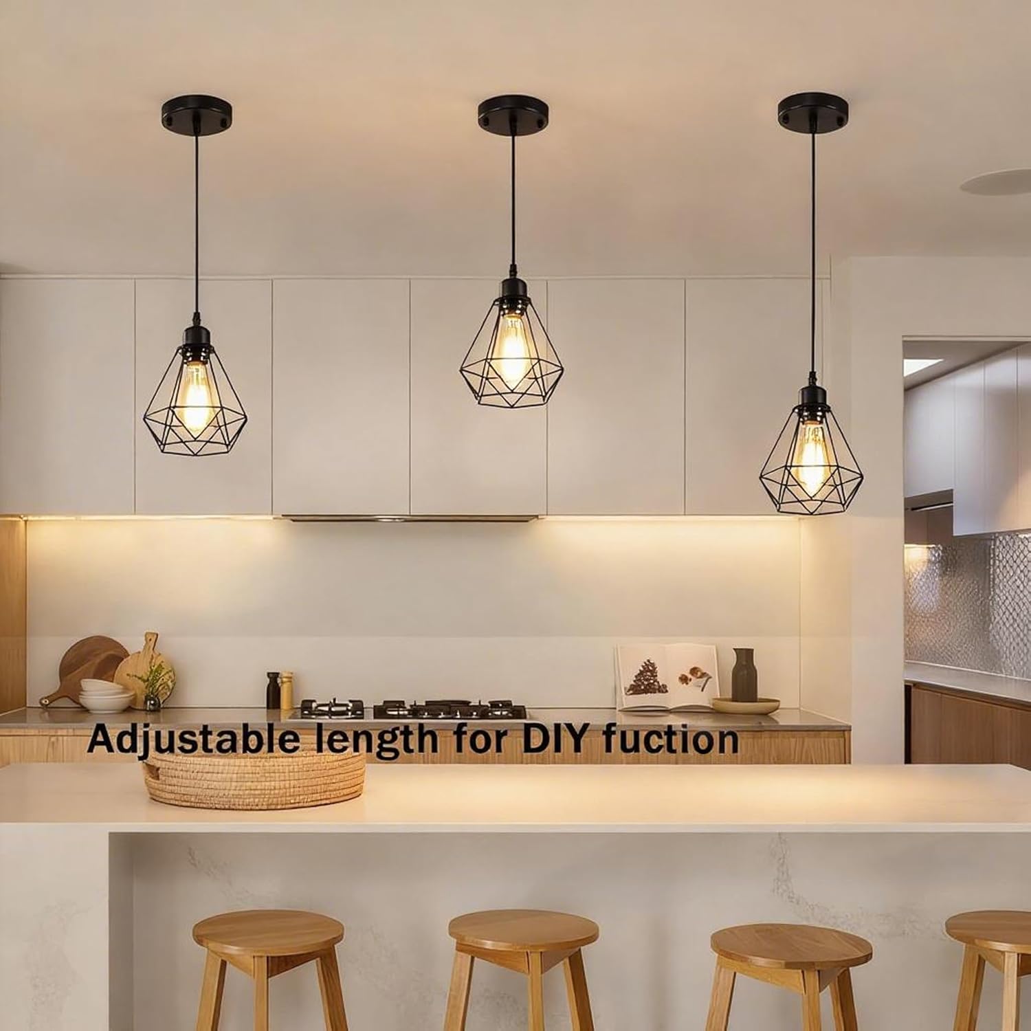 COTTAGE LIFE Black Pendant Light Fixtures 2 Pack, Farmhouse Industrial Metal Cage Pendant Lights, Adjustable Hanging Light Fixtures for Kitchen Island, Dining Room, Bar, Bedroom, Hallway