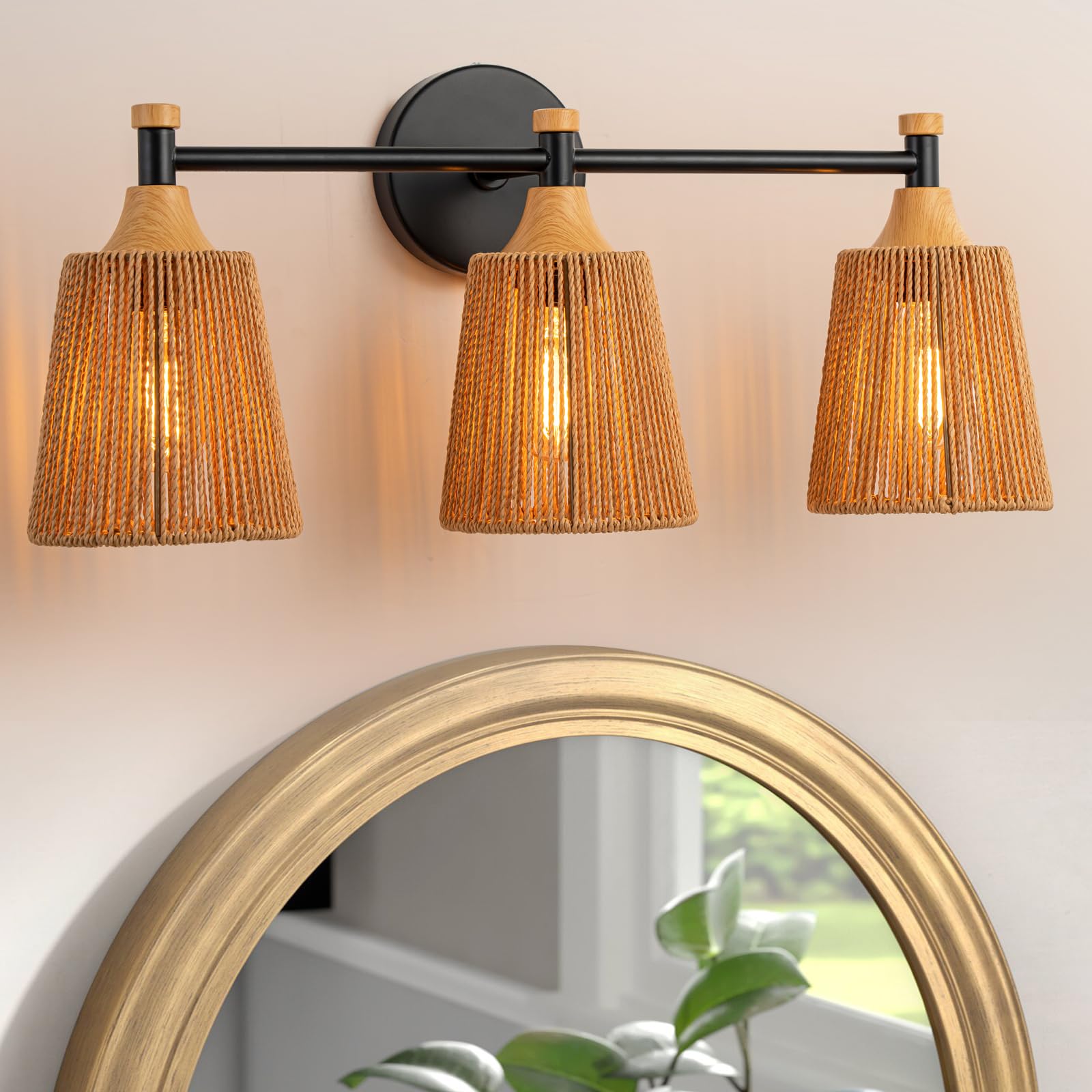 Boho Bathroom Light Fixtures, Rustic 2-Light Vanity Lights Over Mirror, Farmhouse Rattan Vanity Lighting with Hand-Woven Shades for Bedroom Bathroom Hallway Restroom