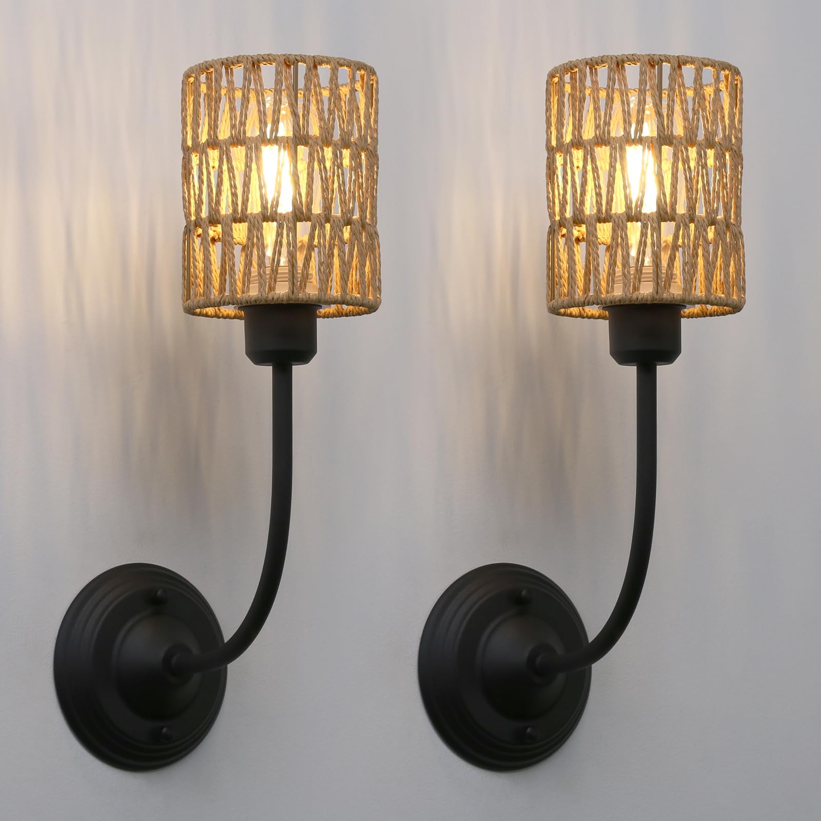 Yosoan Set of 2 Rattan Boho Wrapped Wall Sconce Light, Indoor Hardwired Gold Hand-Woven Farmhouse Vintage Wall Lamps, Brass Handmade Shade Wall Mount Fixture for Reading Bedside Bedroom(Antique)