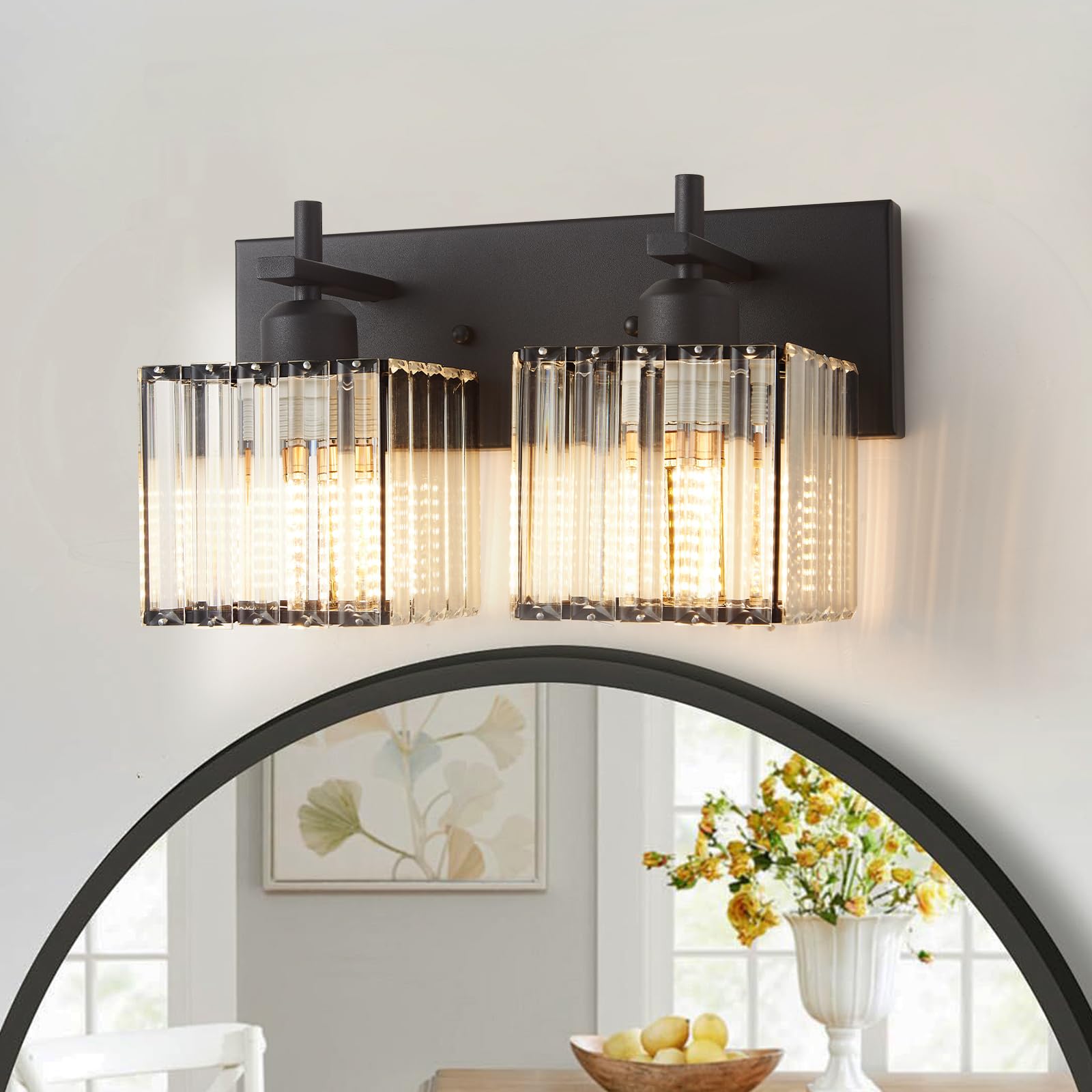 Modern Crystal Bathroom Vanity Lights, 3-Lights Matte Black Bathroom Light Fixtures Over Mirror,Wall Lamp for Living Room Hallway Cabinet