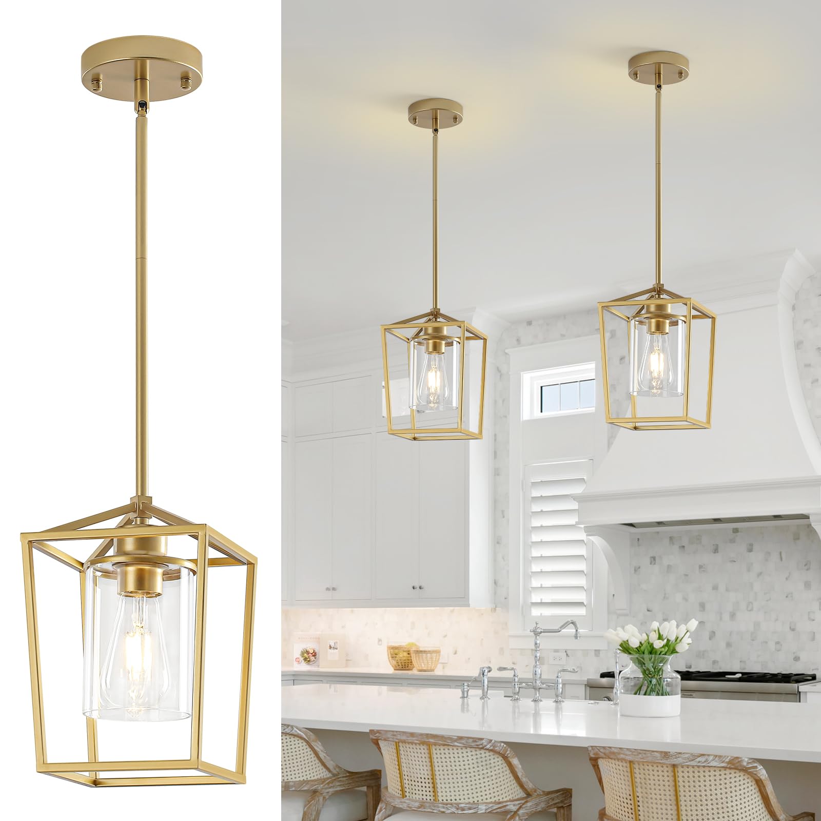 Black Pendant Lights Kitchen Island, 1-Light Farmhouse Kitchen Pendant Lighting Over Island, Metal Cage Island Hanging Lights for Kitchen, Dining Room, Entryway, Hallway, Foyer