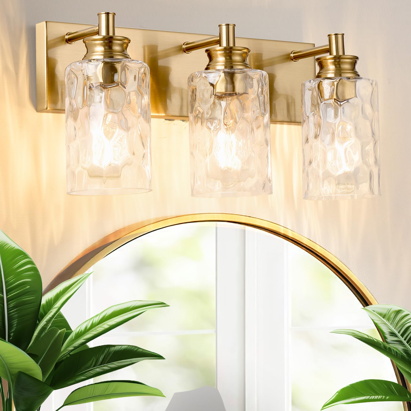 3-Light Black Vanity Light, Modern Bathroom Fixture with Hammered Glass Shades