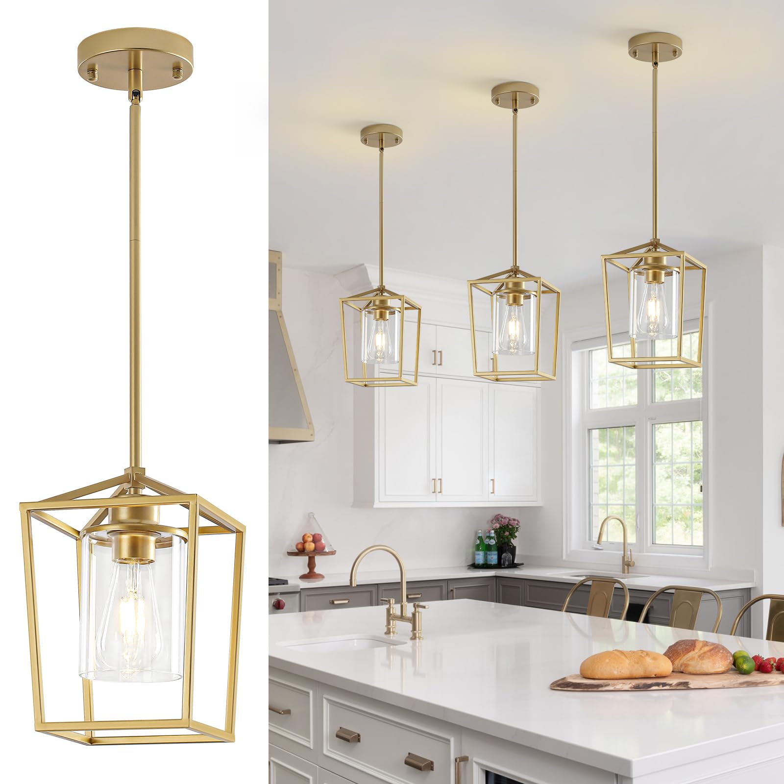 Black Pendant Lights Kitchen Island, 1-Light Farmhouse Kitchen Pendant Lighting Over Island, Metal Cage Island Hanging Lights for Kitchen, Dining Room, Entryway, Hallway, Foyer