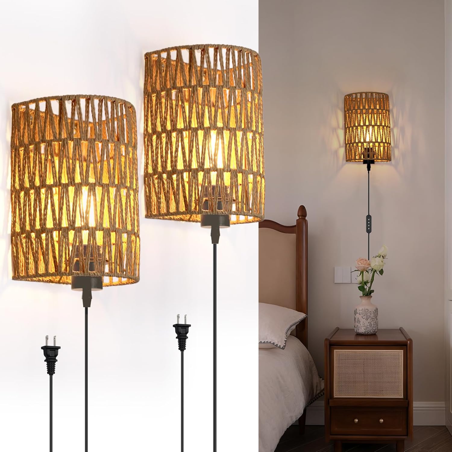 FINCMY Boho Wall Decor Plug in Wall Sconces, Dimmable Sconces Wall Decor Set of 2, Natural Hemp Rope Boho Decor, Plug in Wall Light with Remote, LED Bulbs Included