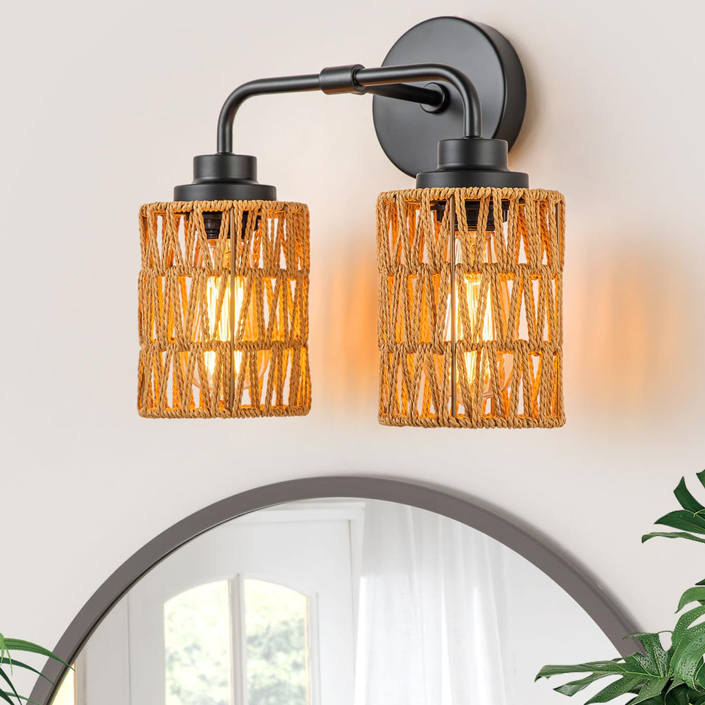 Boho Bathroom Light Fixtures, Rustic 2-Light Vanity Lights Over Mirror, Farmhouse Rattan Vanity Lighting with Hand-Woven Shades for Bedroom Bathroom Hallway Restroom