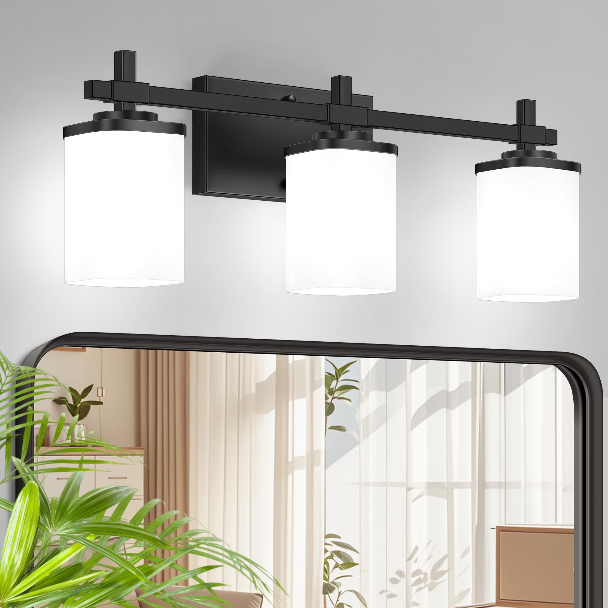 3-Lights Bathroom Vanity Light Fixtures, Modern Black Vanity Lights Over Mirror with Clear Glass Shade for Bathroom, Wall Mounted Lamp for Bedroom Hallway Living Room