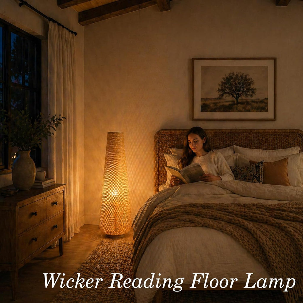 MIXL-Farmhouse Style Bamboo Floor Lamp,Large Wicker Indoor Floor Light,Boho Standing Light Plug in,Modern Minimalist Standing Lamp for Living Room Bedroom