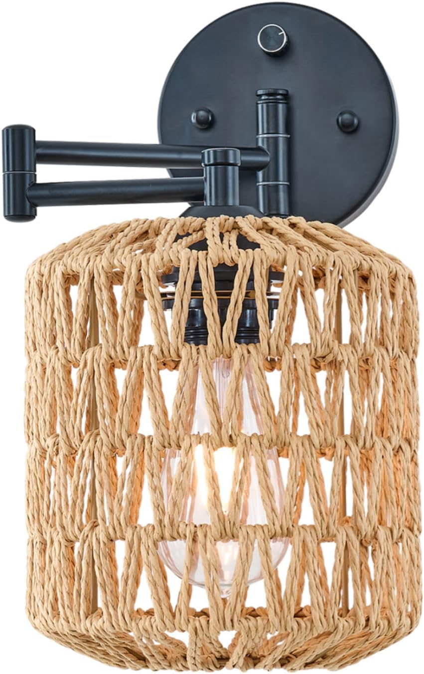 Modern Rattan Wall Sconce, Swing Arm Black Wall Lamp with Boho Woven Lampshade & Dimmable On/Off Switch, Wall Mount Reading Light Fixture Bedside Lamp for Stairway Bedroom Living Room Office
