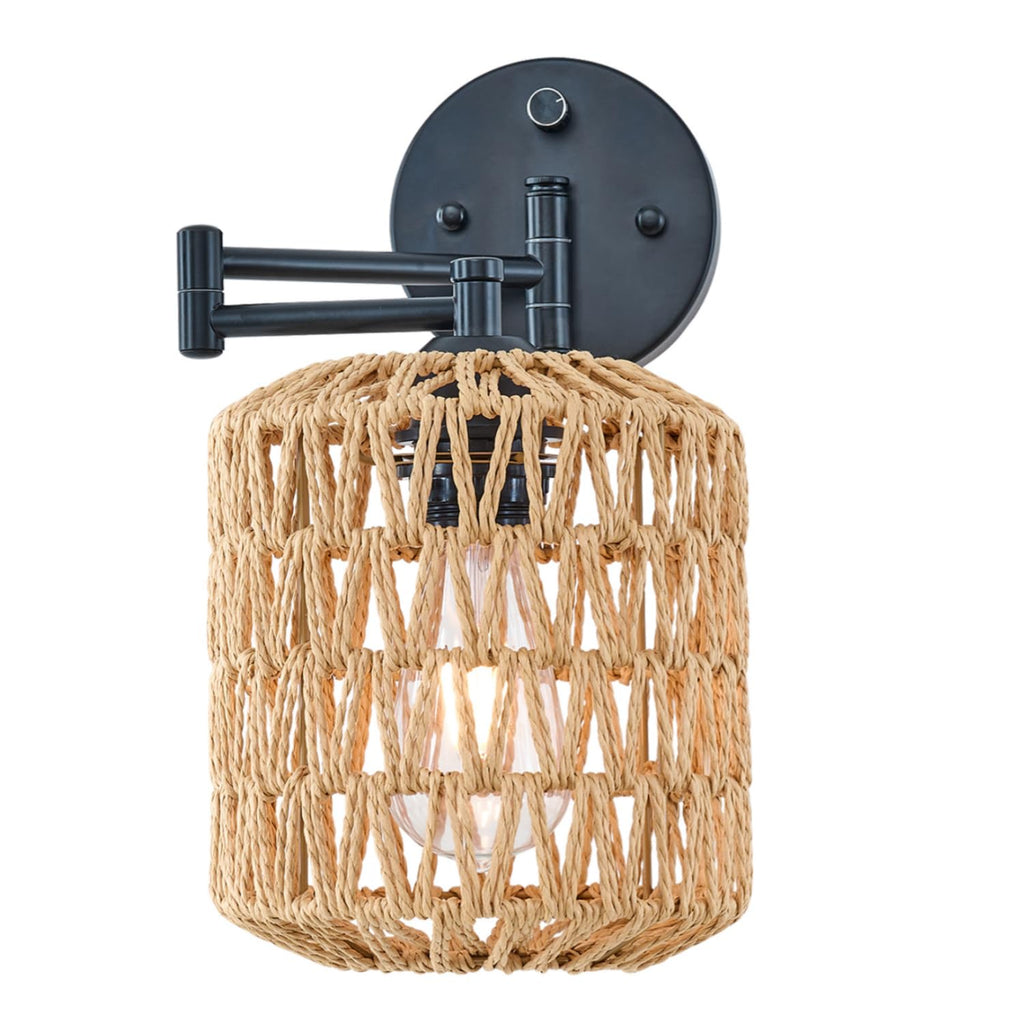 Modern Rattan Wall Sconce, Swing Arm Black Wall Lamp with Boho Woven Lampshade & Dimmable On/Off Switch, Wall Mount Reading Light Fixture Bedside Lamp for Stairway Bedroom Living Room Office