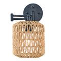 Modern Rattan Wall Sconce, Swing Arm Black Wall Lamp with Boho Woven Lampshade & Dimmable On/Off Switch, Wall Mount Reading Light Fixture Bedside Lamp for Stairway Bedroom Living Room Office