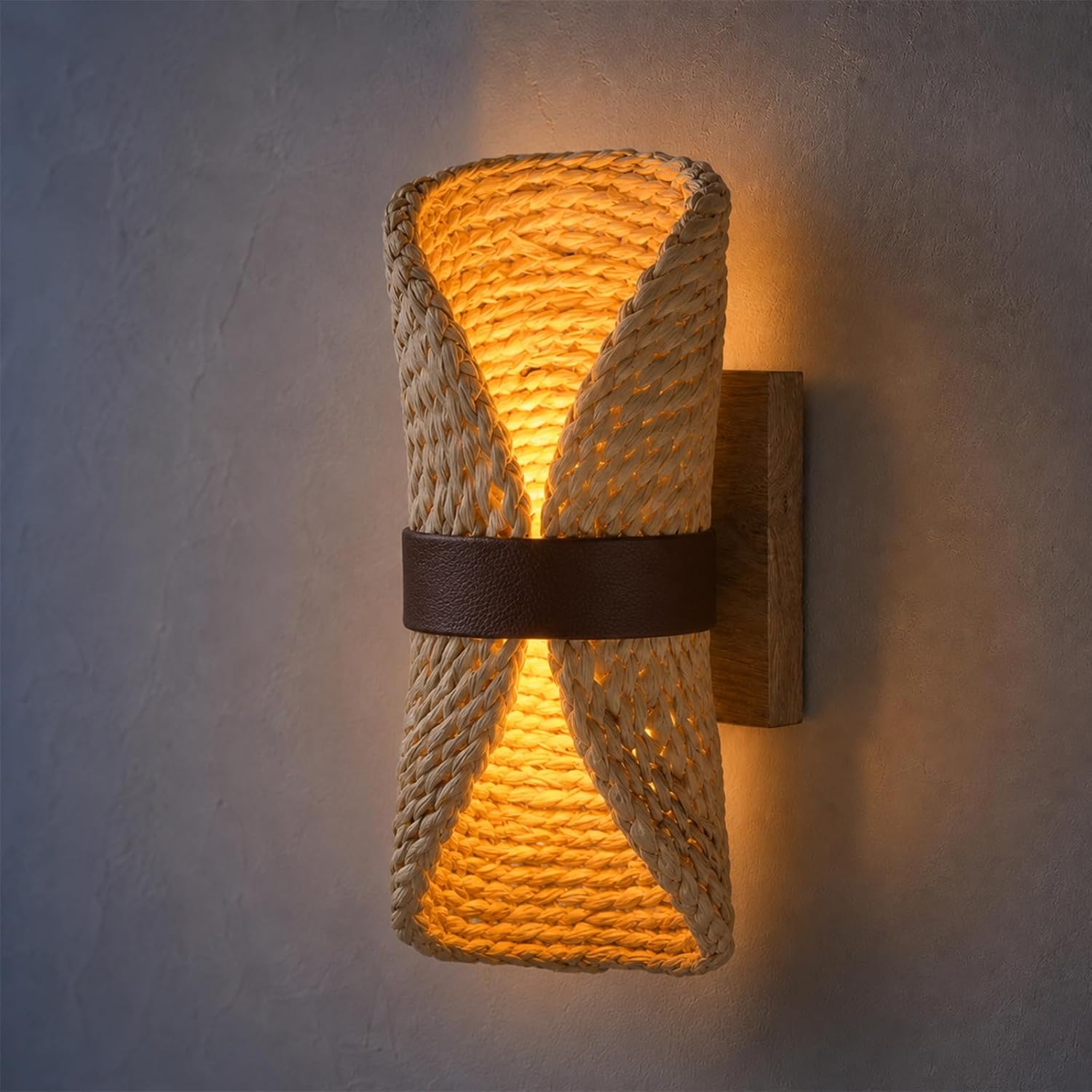 Boho Rattan Wall Sconces with Brown Leather Strap,Handmade Woven Wall Lamp with Wood Grain Base＆G9 Bulb, Rustic Hardwired Wall Lights for Living Room Bedside Hallway