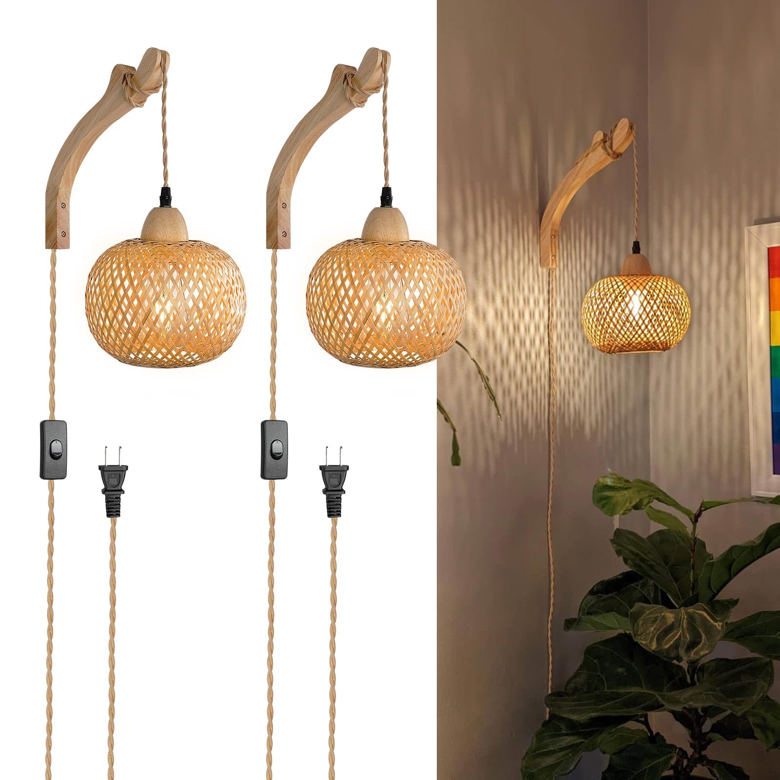 Frideko Plug in Wall Sconces Set of Two Hand Woven Lamp with Cord Rattan Lights Farmhouse Sconce Mounted Light Boho Lighting for Bedroom Living Room