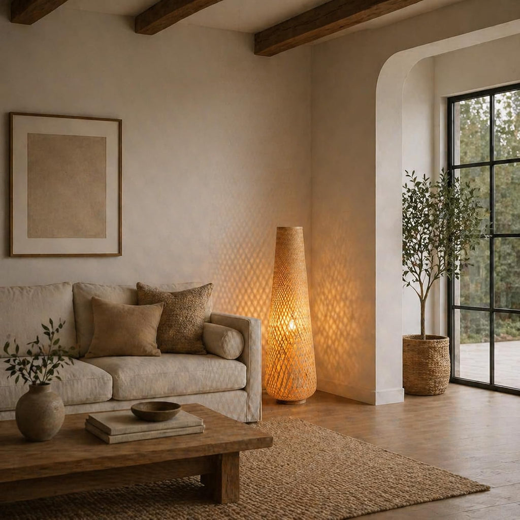 MIXL-Farmhouse Style Bamboo Floor Lamp,Large Wicker Indoor Floor Light,Boho Standing Light Plug in,Modern Minimalist Standing Lamp for Living Room Bedroom