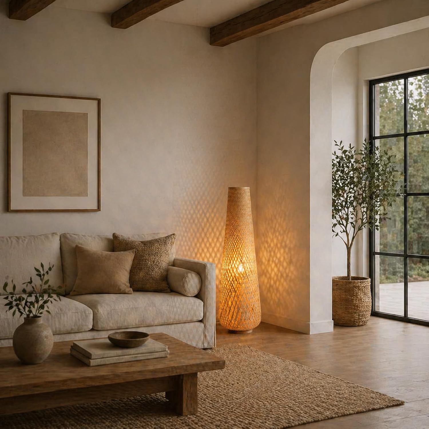 MIXL-Farmhouse Style Bamboo Floor Lamp,Large Wicker Indoor Floor Light,Boho Standing Light Plug in,Modern Minimalist Standing Lamp for Living Room Bedroom