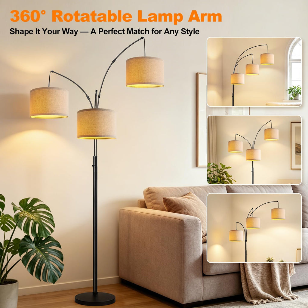 Dimmable 3 Lights Floor Lamp - 3000LM Super Bright Arc Floor Lamps for Living Room, Modern Tall Standing Lamp With Beige Shades, Mid Century Tree Floor Lamp for Bedroom Office, 3 LED Bulbs Included