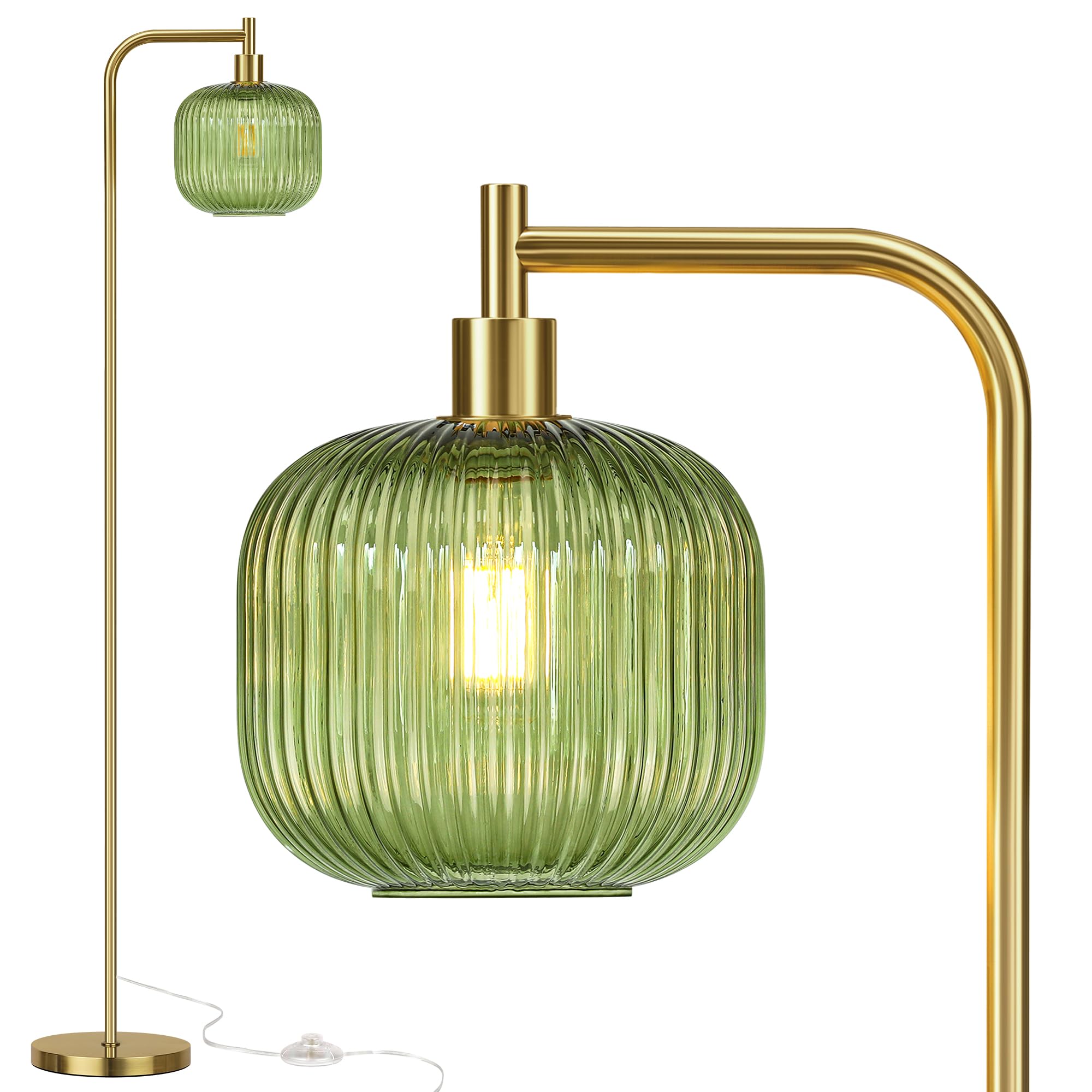 QiMH Glass Floor Lamp for Living Room, 67” Modern Standing Lamp with Cream Ribbed Glass Lampshade Pedal Switch Tall Lamp for Bedroom, Brushed Gold (2700K LED Bulb Included)