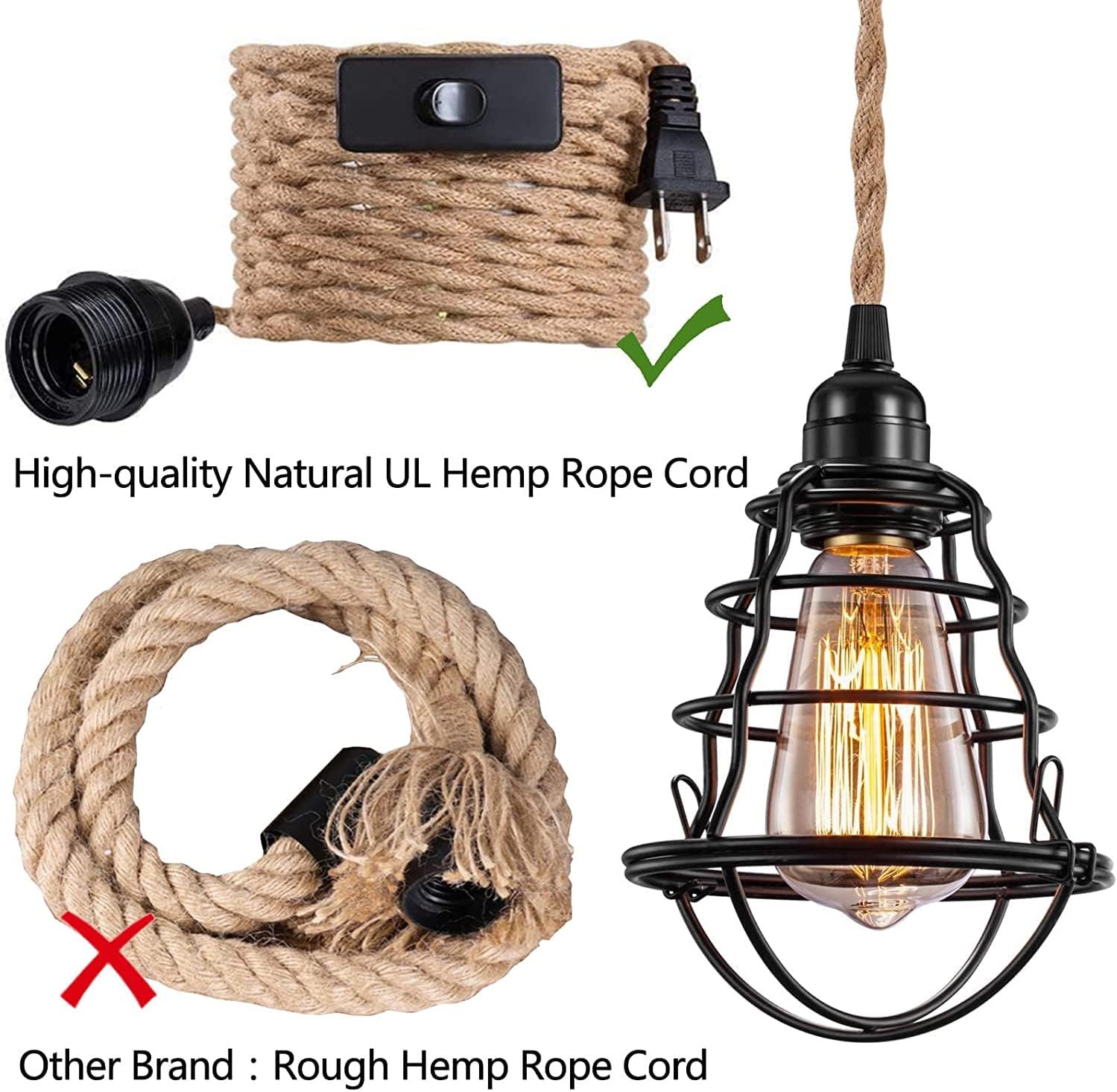 Asnxcju Industrial Plug in Pendant Light, Vintage Hanging Lights with Plug in Cord, Metal Cage Hanging Lamp with 13ft Hemp Rope Plug in Pendant Lighting Fixture On/Off Switch 2 Pack