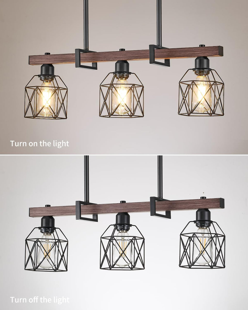 Industrial Pendant Light Fixture, 3-Light Kitchen Island Lighting with Wood Grain Bar and Black Metal Cage, Farmhouse Rustic Hanging Ceiling Lamp for Dining Room, Living Room