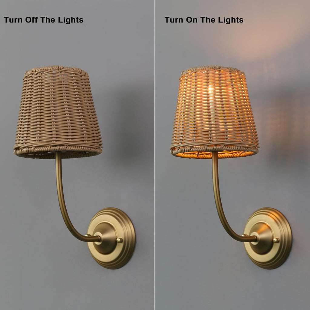 Yosoan Set of 2 Rattan Boho Wrapped Wall Sconce Light, Indoor Hardwired Gold Hand-Woven Farmhouse Vintage Wall Lamps, Brass Handmade Shade Wall Mount Fixture for Reading Bedside Bedroom(Antique)
