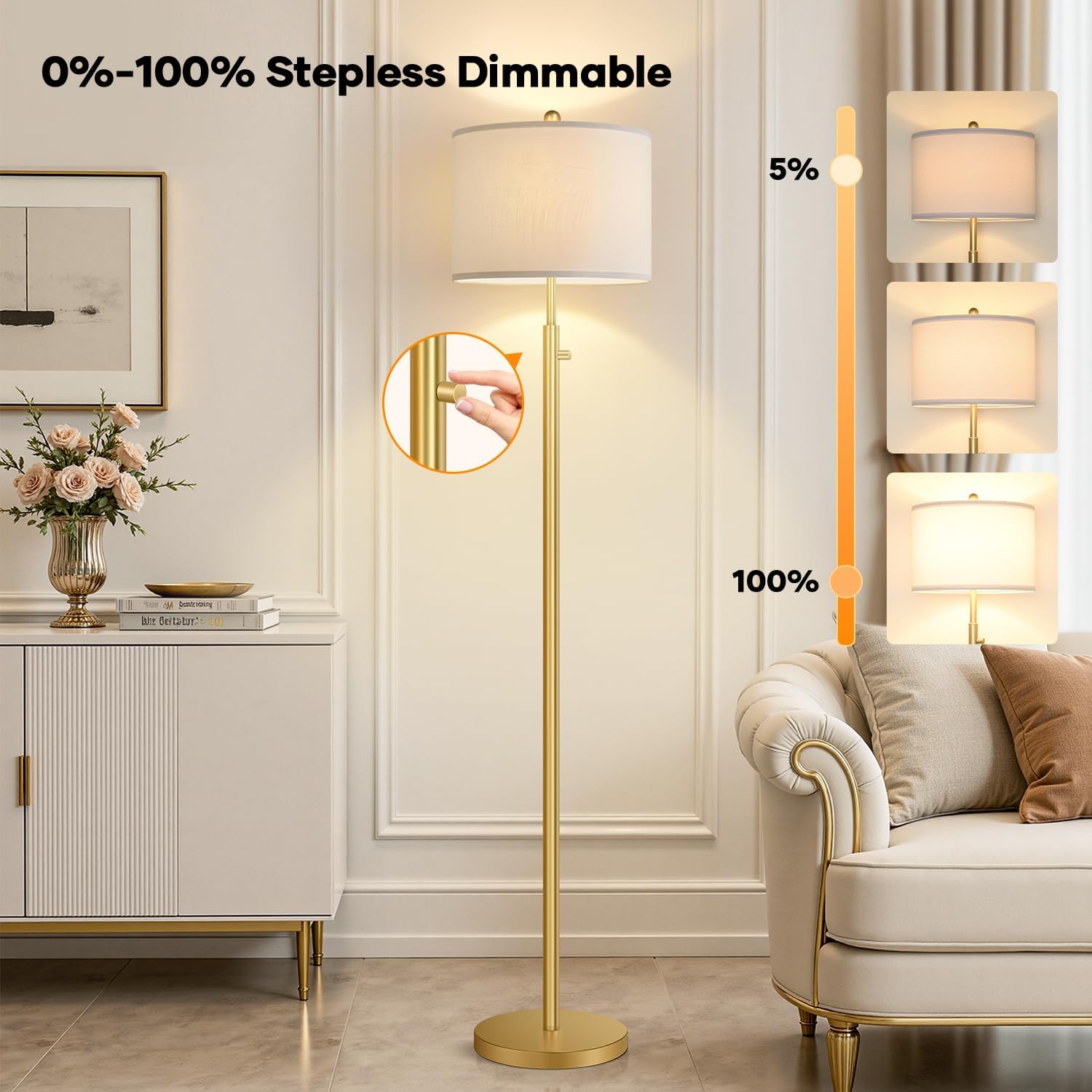 Nintiue 【Upgraded】 Dimmable Floor Lamp for Living Room, 11W LED Bulb Included, Modern Standing Lamp, Tall Pole Light with Linen Shade for Bedroom Reading Office Corner Nursery-Gold